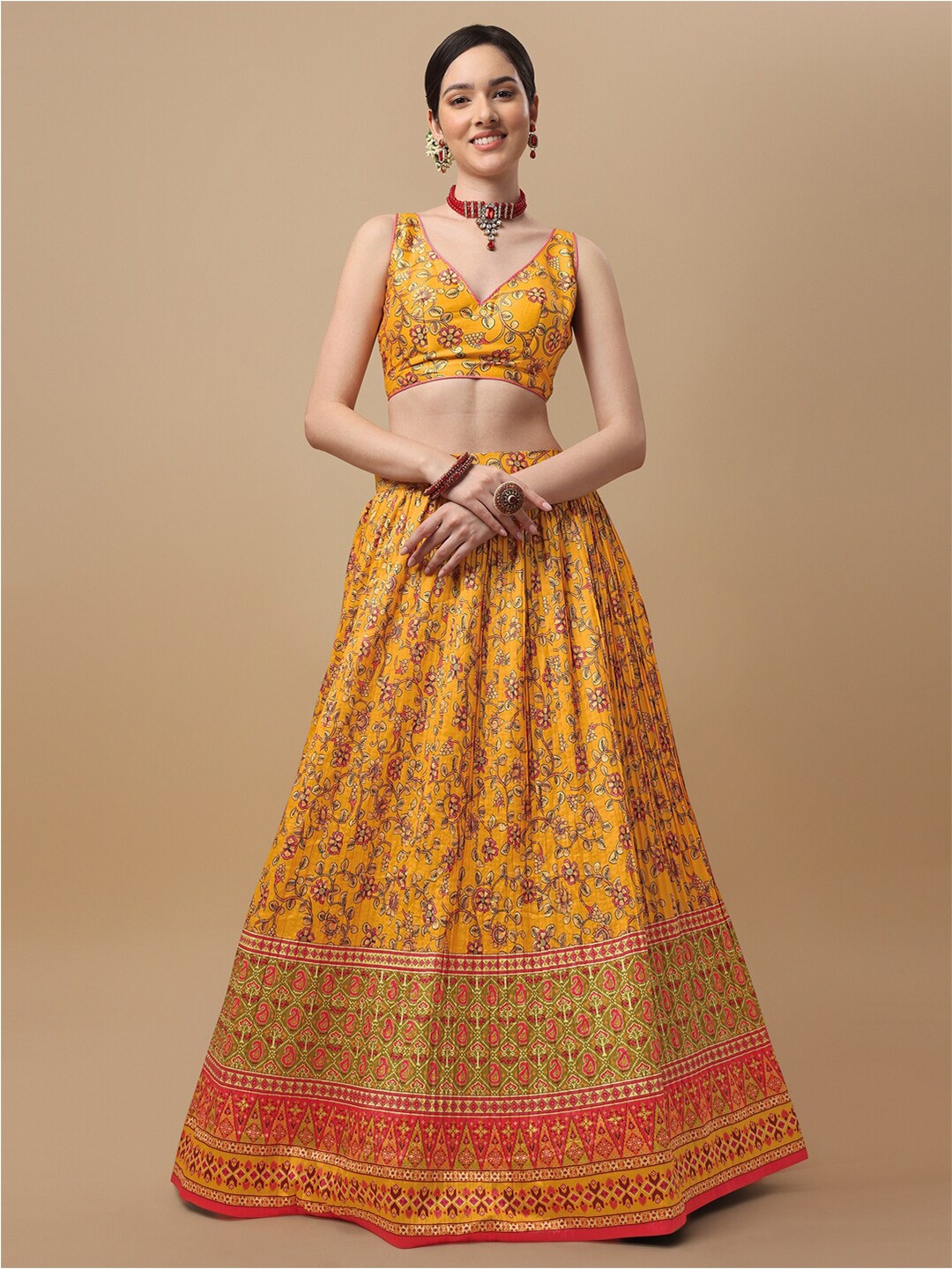 

SAPTRANGI Printed Kalamkari Ready to Wear Lehenga & Blouse With Dupatta, Yellow