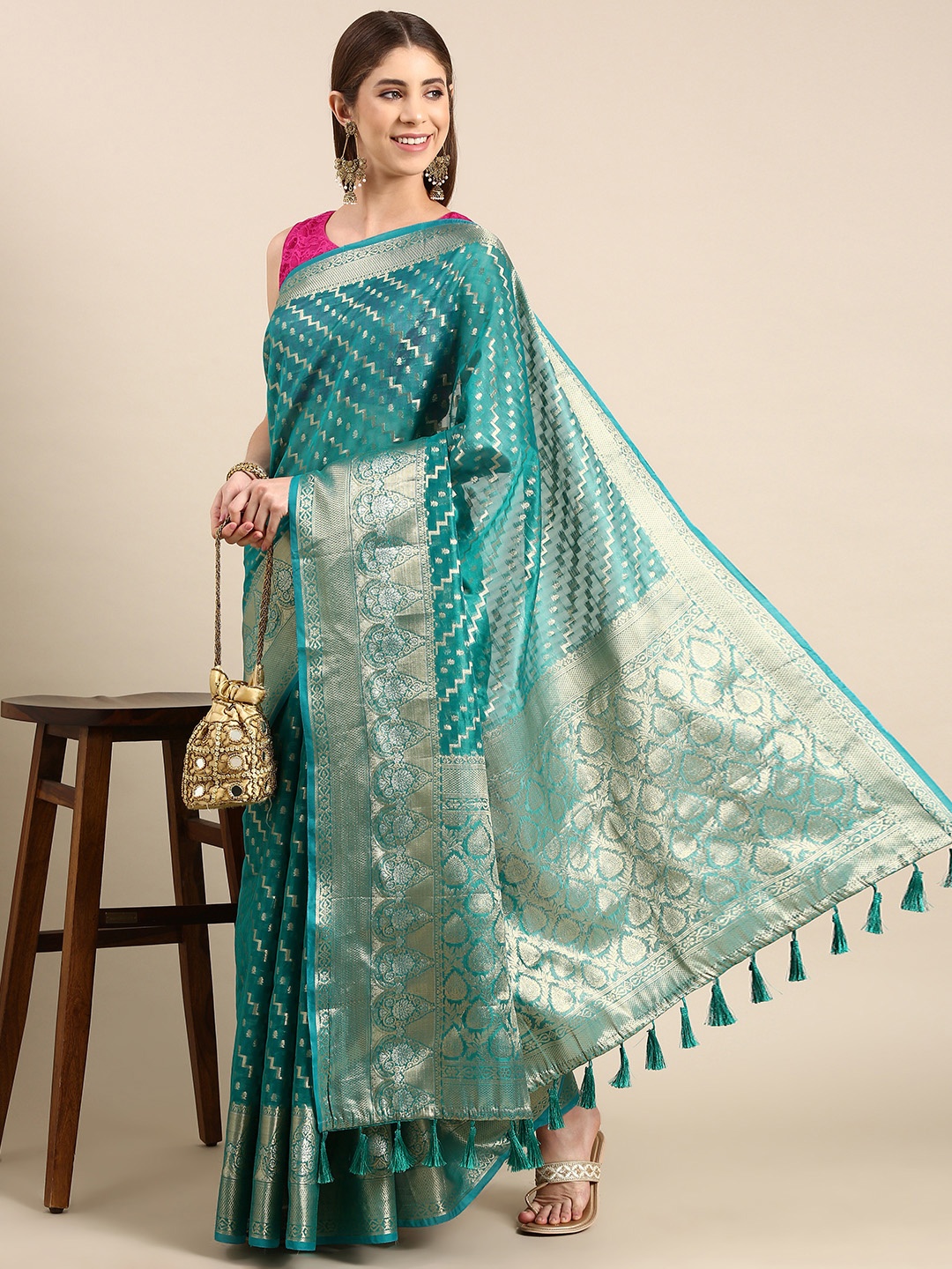 

VASTRANAND Woven Design Leheriya Zari Tissue Banarasi Saree, Teal