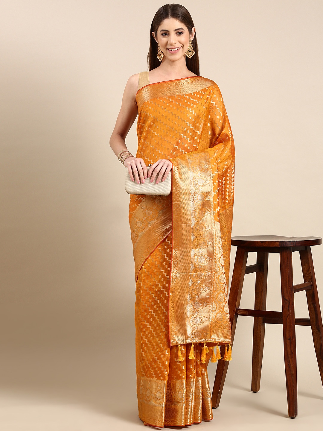VASTRANAND Woven Design Leheriya Zari Tissue Banarasi Saree, Yellow