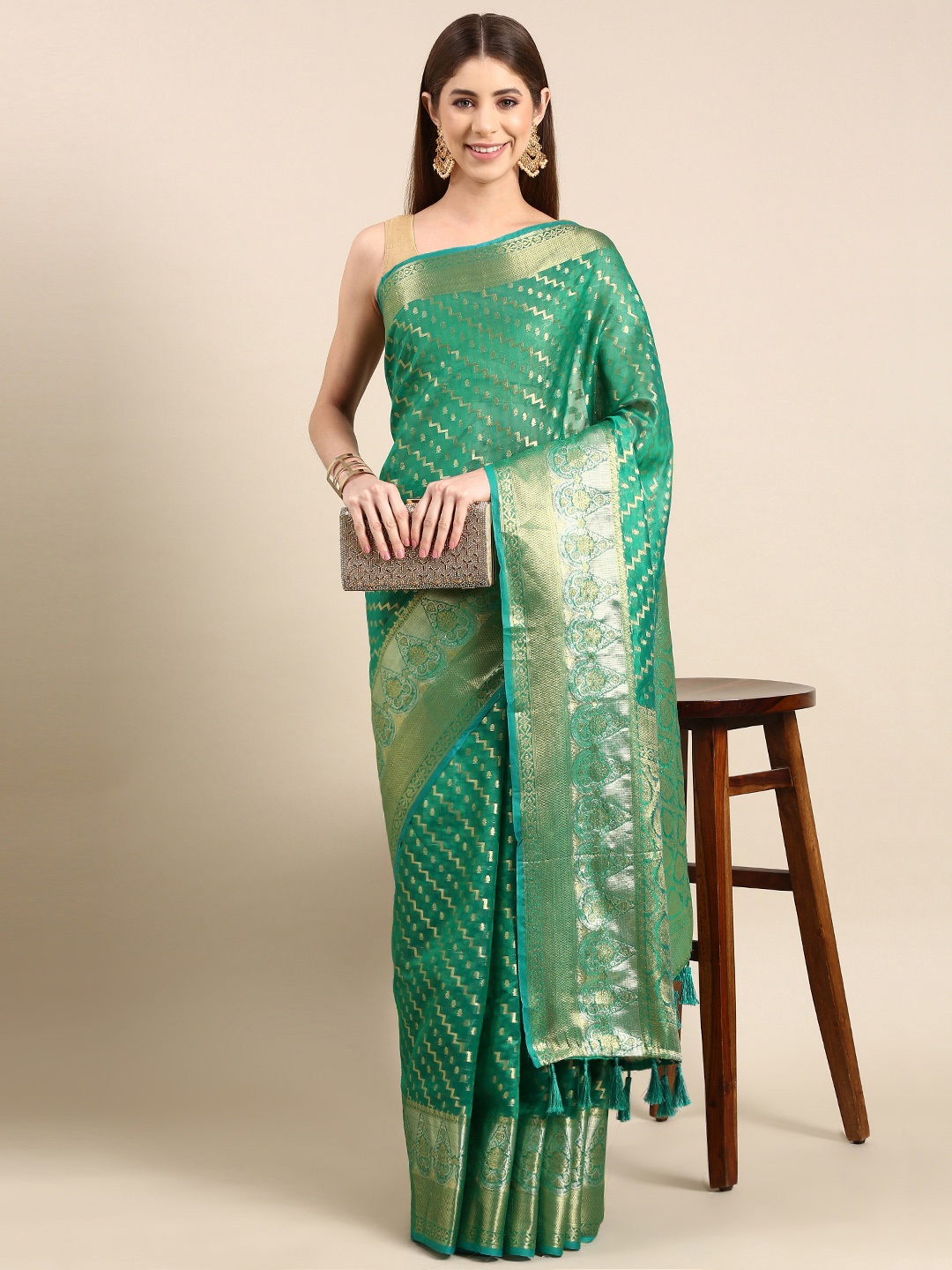 VASTRANAND Woven Design Leheriya Zari Tissue Banarasi Saree, Teal