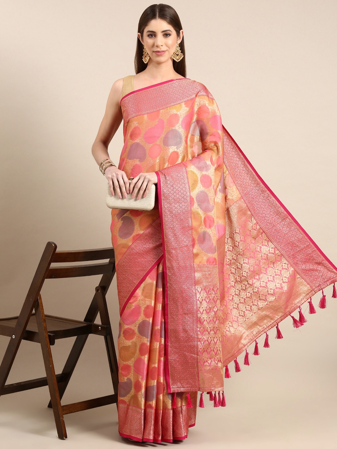 

VASTRANAND Woven Design Ethnic Motifs Zari Tissue Banarasi Saree, Pink