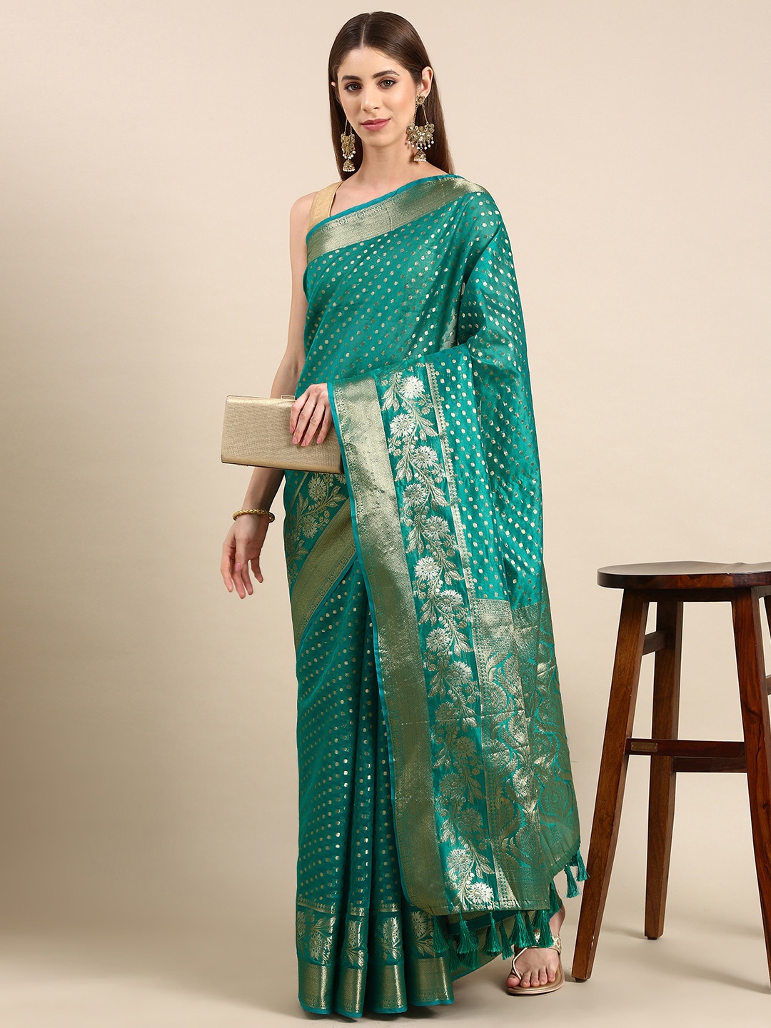 

VASTRANAND Woven Design Zari Tissue Banarasi Saree, Teal