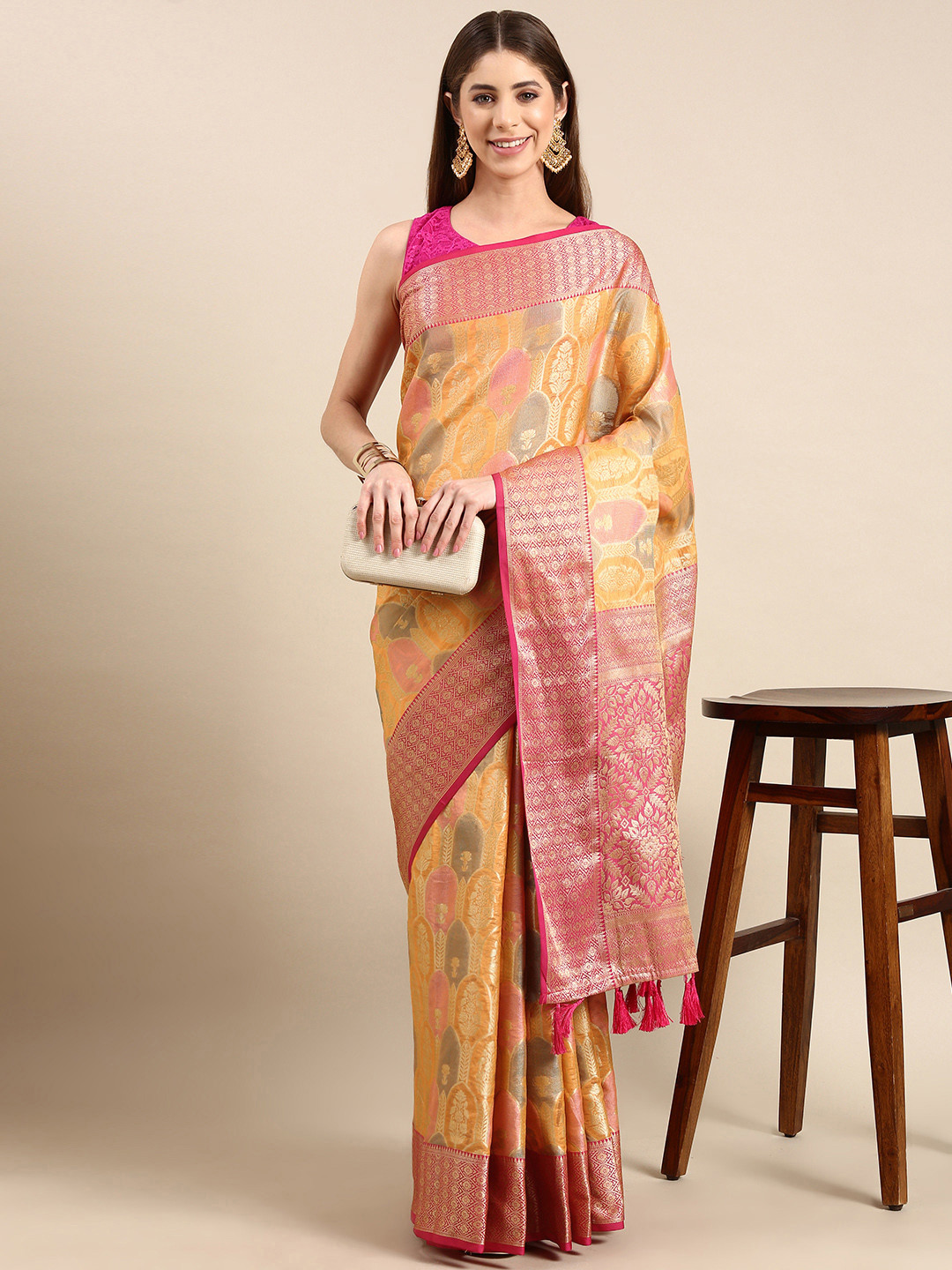 

VASTRANAND Woven Design Ethnic Motifs Zari Tissue Banarasi Saree, Orange