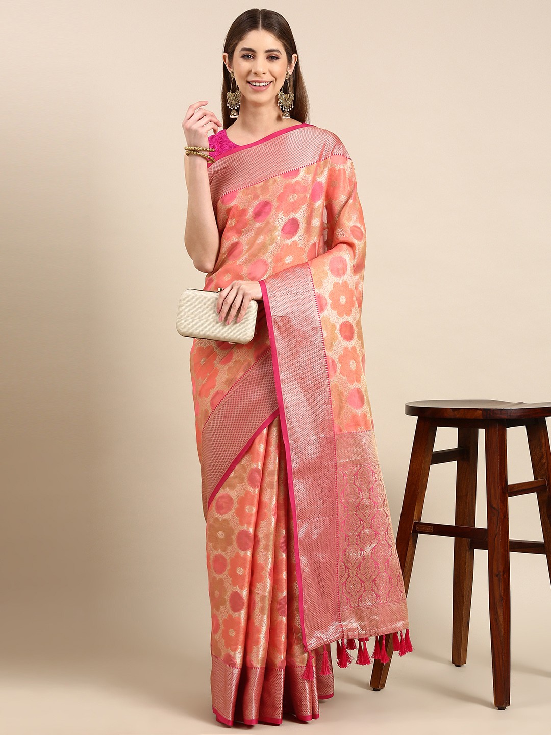 

VASTRANAND Woven Design Ethnic Motifs Zari Tissue Banarasi Saree, Pink