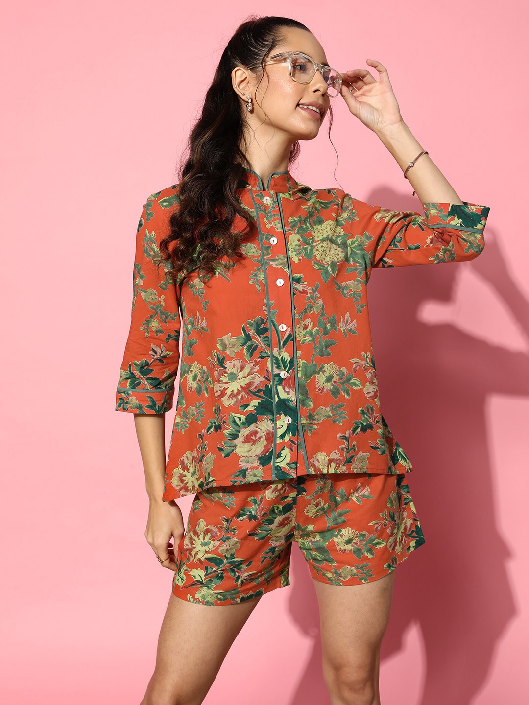 

SANSKRUTIHOMES Floral Printed Cotton Night suit, Orange