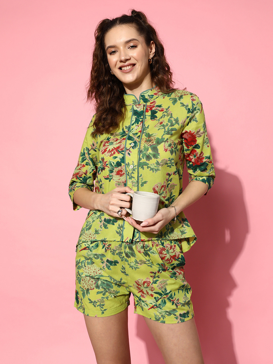 

SANSKRUTIHOMES Floral Printed Cotton Night suit, Green