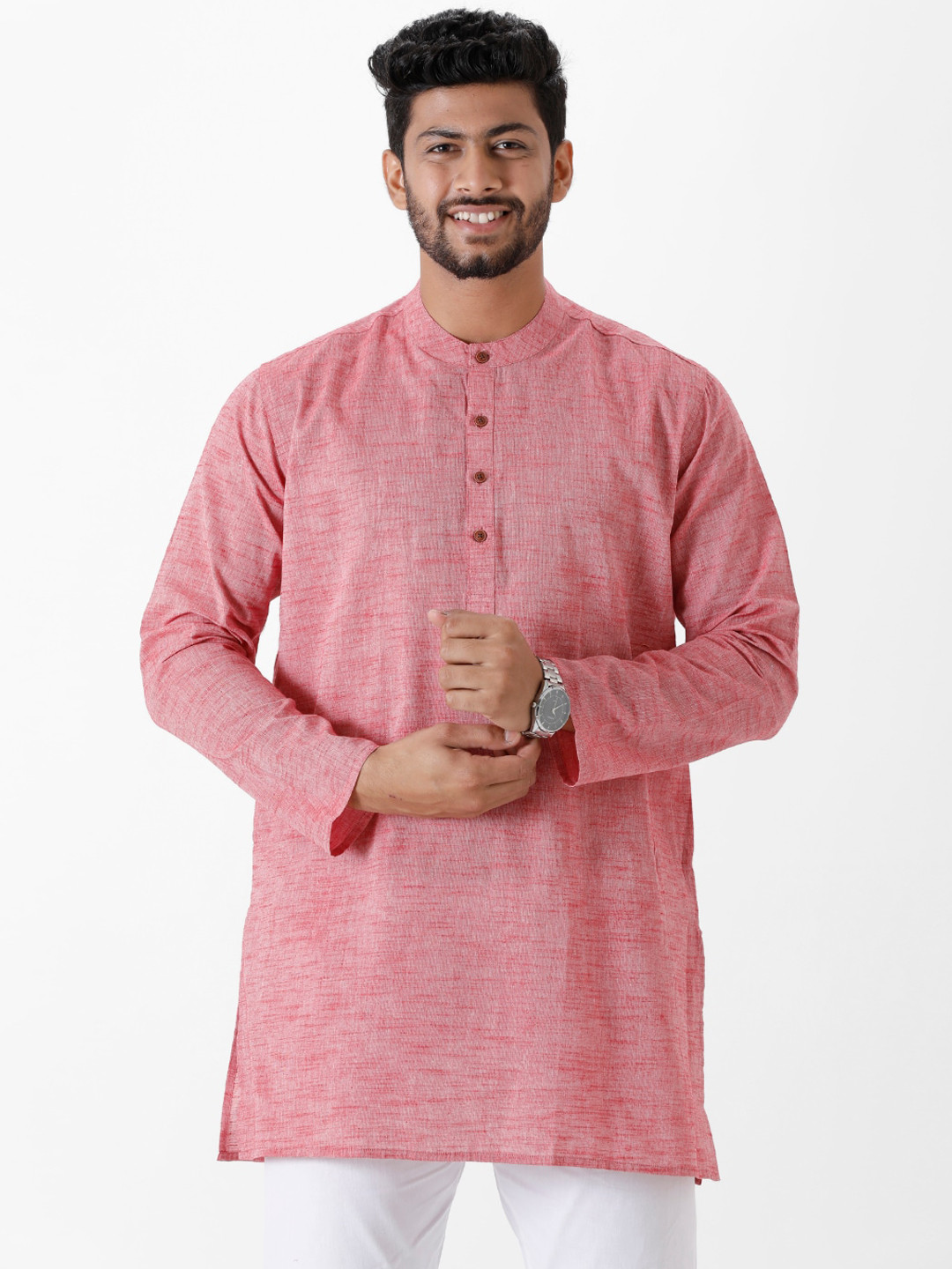 

Ramraj Men Band Collar Cotton Straight Kurta, Pink