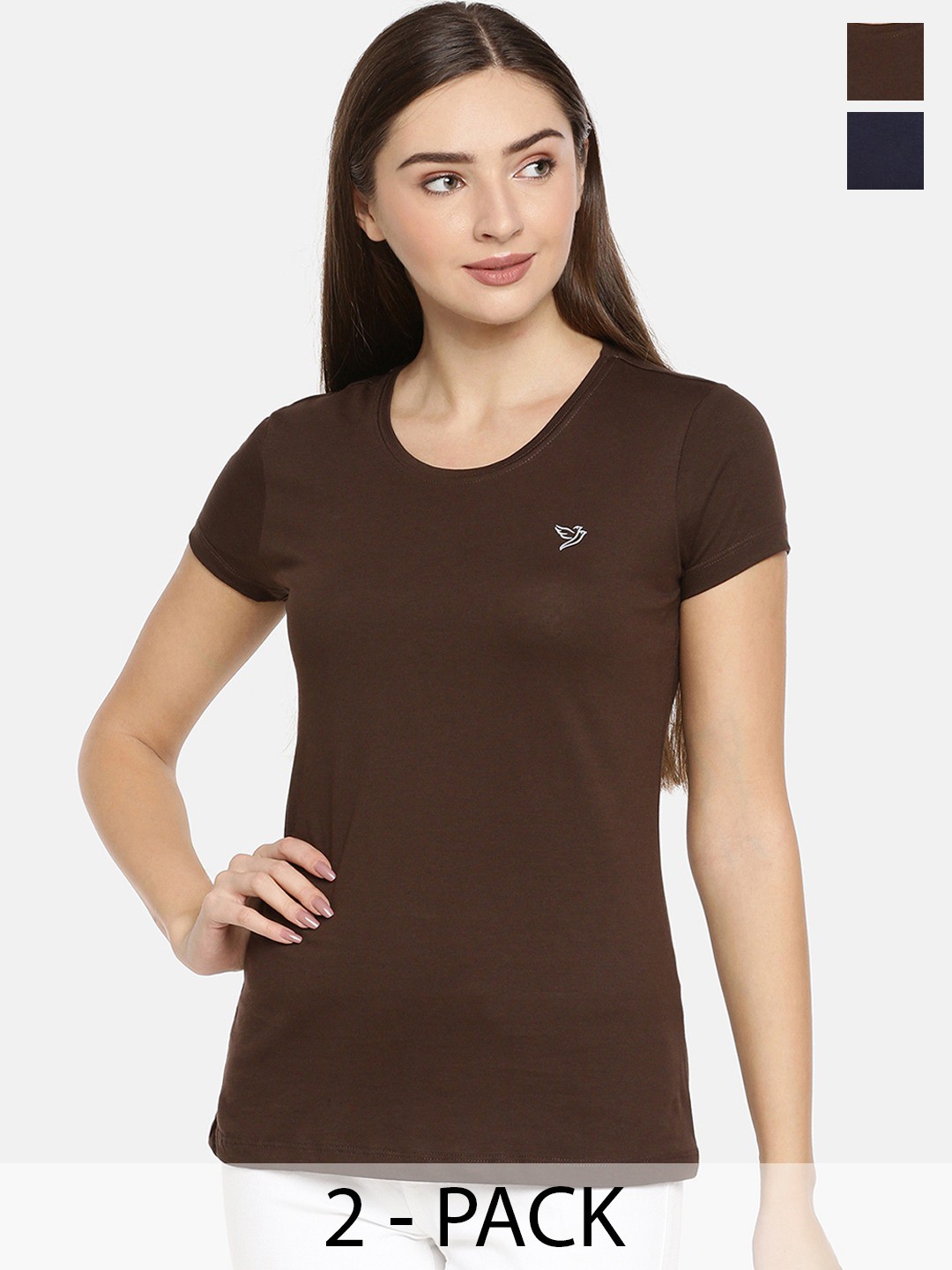 

TWIN BIRDS Pack Of 2 Round Neck Pure Cotton T-shirts, Navy blue