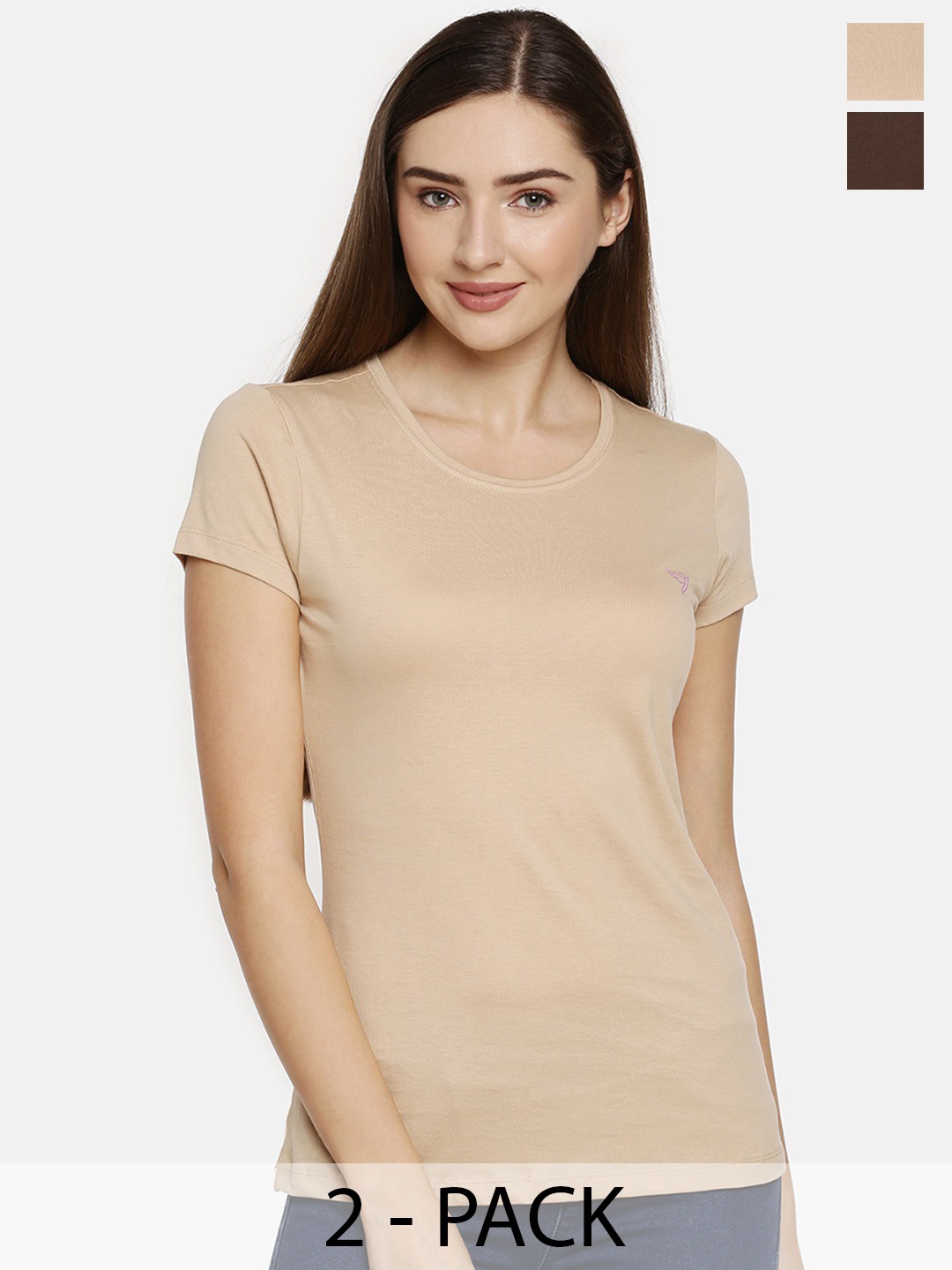 

TWIN BIRDS Pack Of 2 Round Neck Pure Cotton T-shirts, Beige