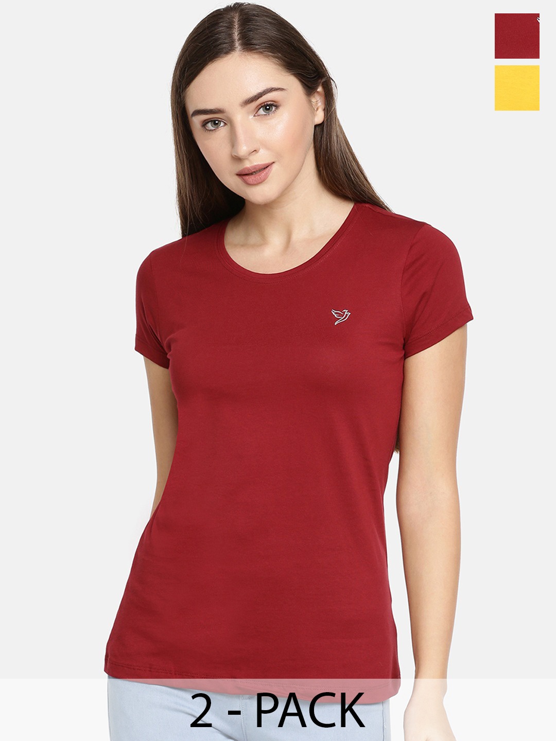 

TWIN BIRDS Pack Of 2 Round Neck Pure Cotton T-shirts, Red