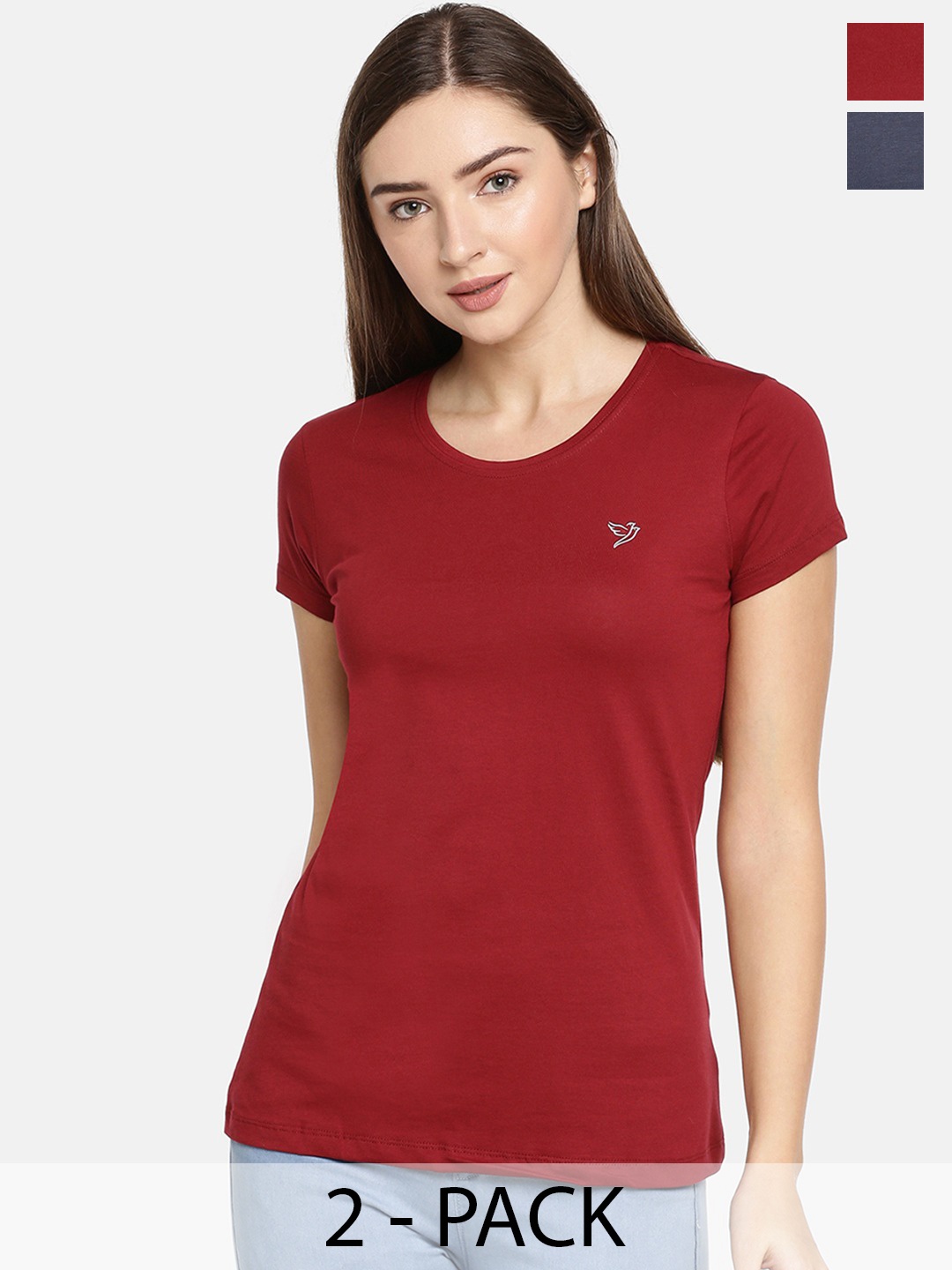 

TWIN BIRDS Pack Of 2 Round Neck Pure Cotton T-shirts, Red