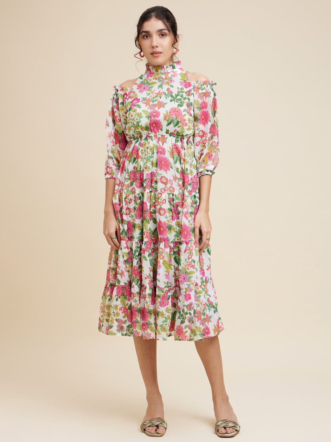 

Emmyrobe Floral Georgette A-Line Midi Dress, Off white
