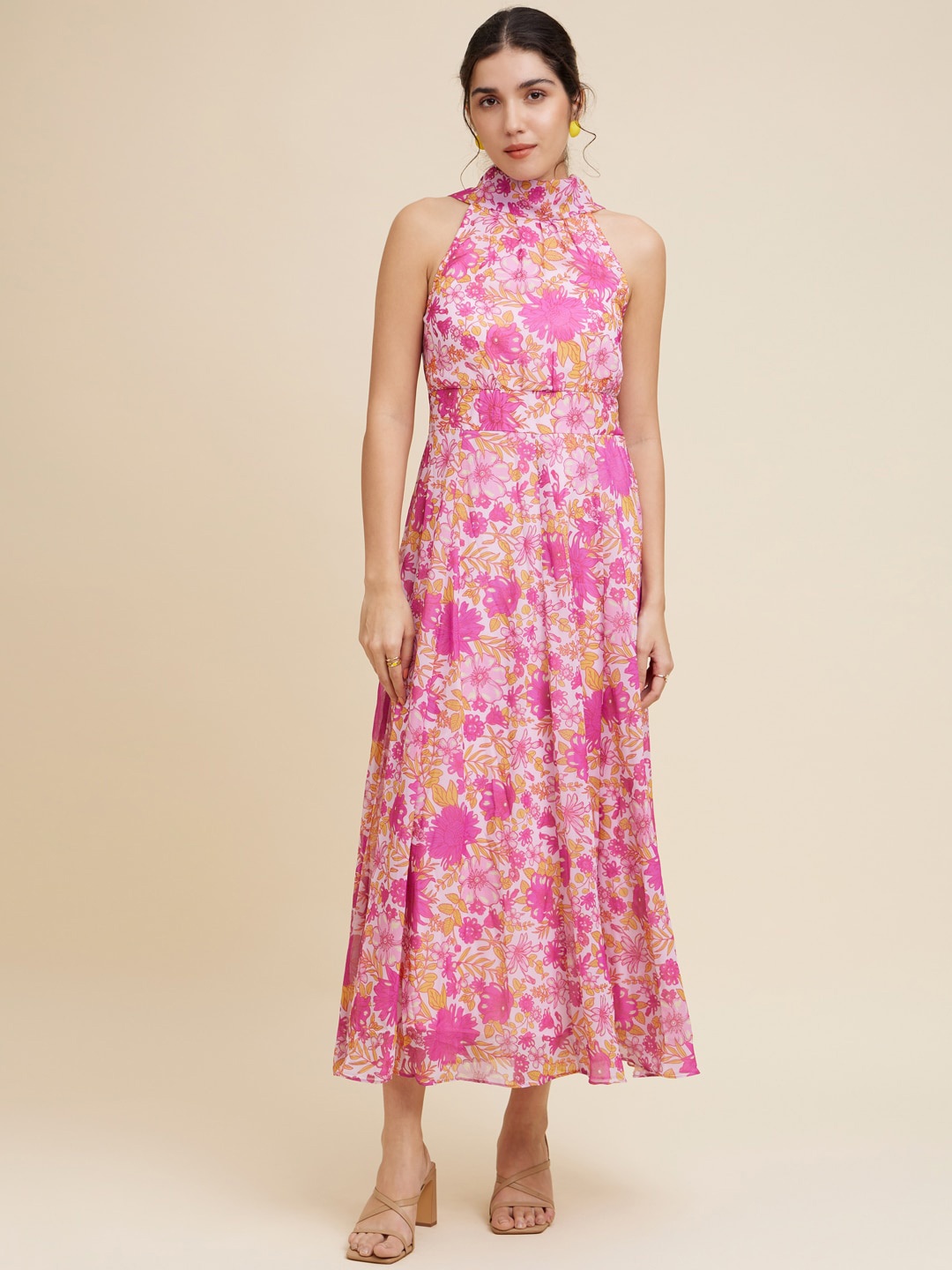 

Emmyrobe Floral Printed Halter Neck Tie-Up Detail Midi Fit & Flare Dress, Pink