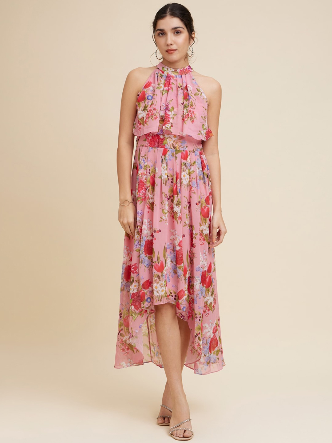 

Emmyrobe Halter Neck Floral Layered Georgette A-Line Midi Dress, Peach