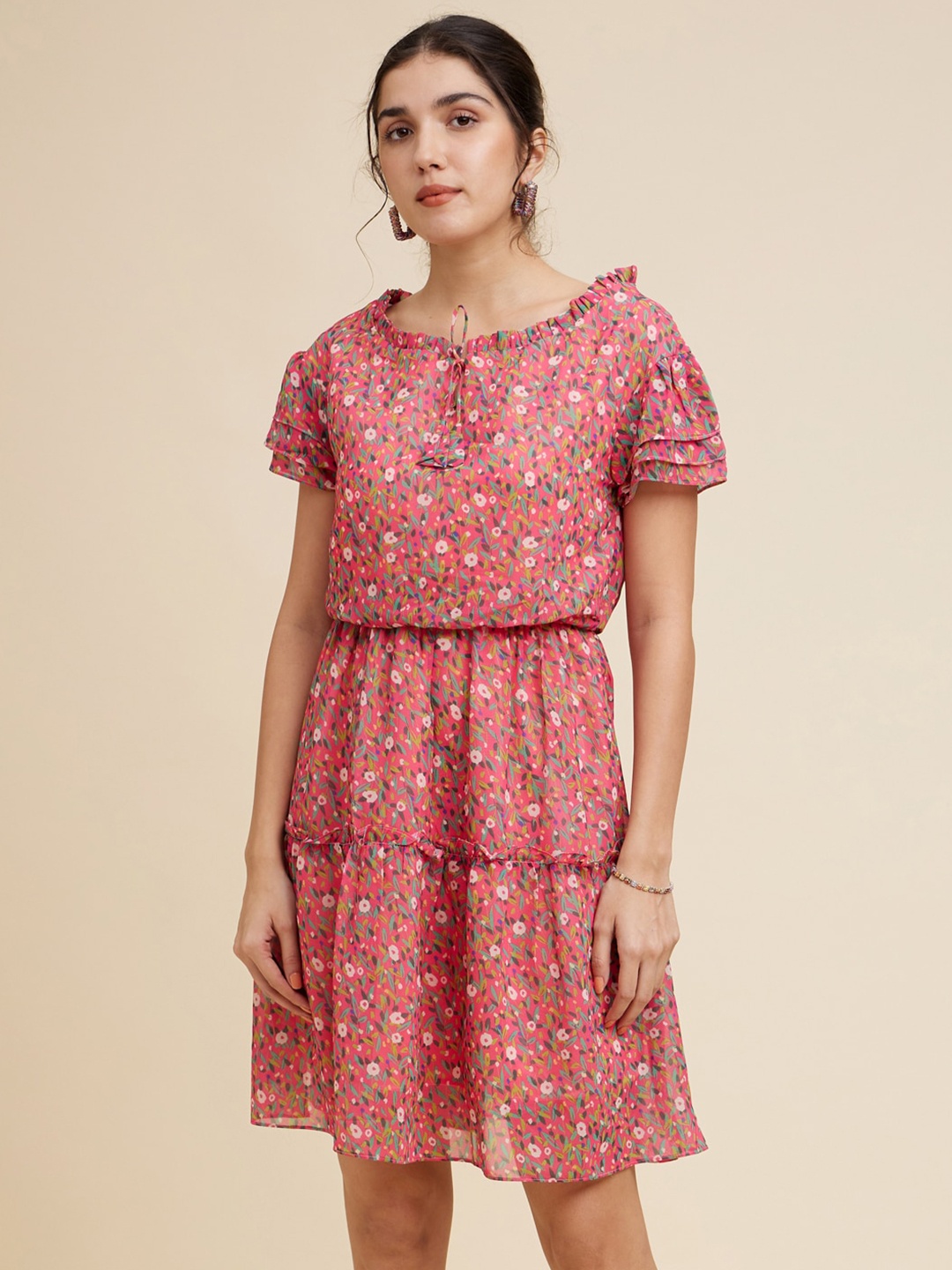 

Emmyrobe Tie-Up Neck Floral Printed Georgette Dress, Pink