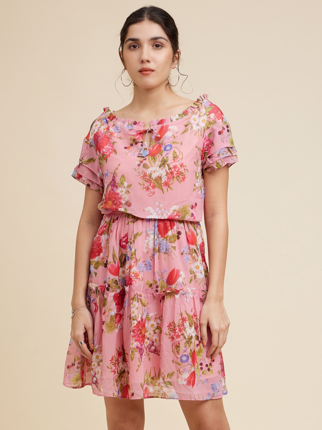 

Emmyrobe Tie-Up Neck Floral Printed Georgette Dress, Pink