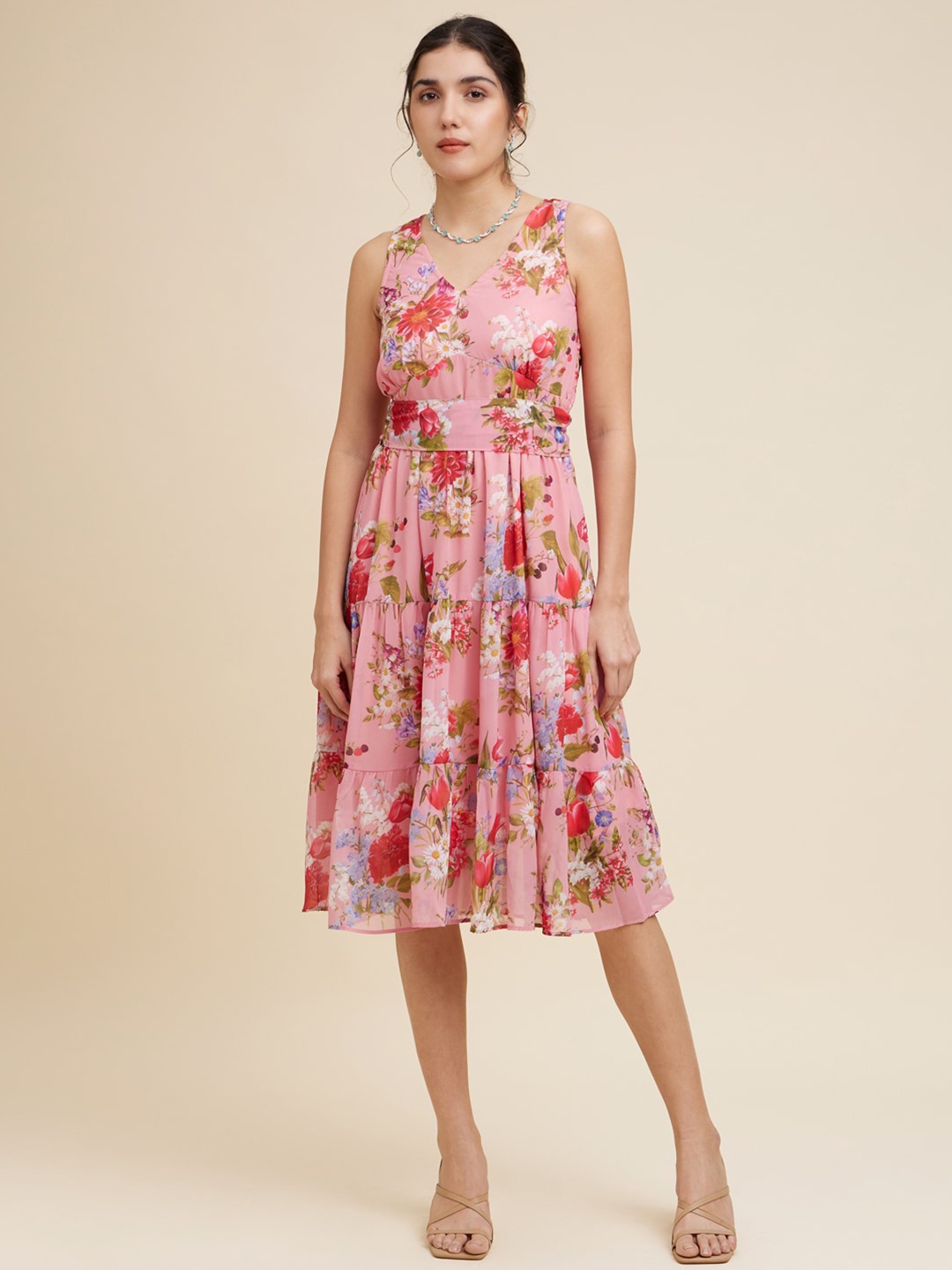 

Emmyrobe V-Neck Floral Printed Georgette Dress, Peach