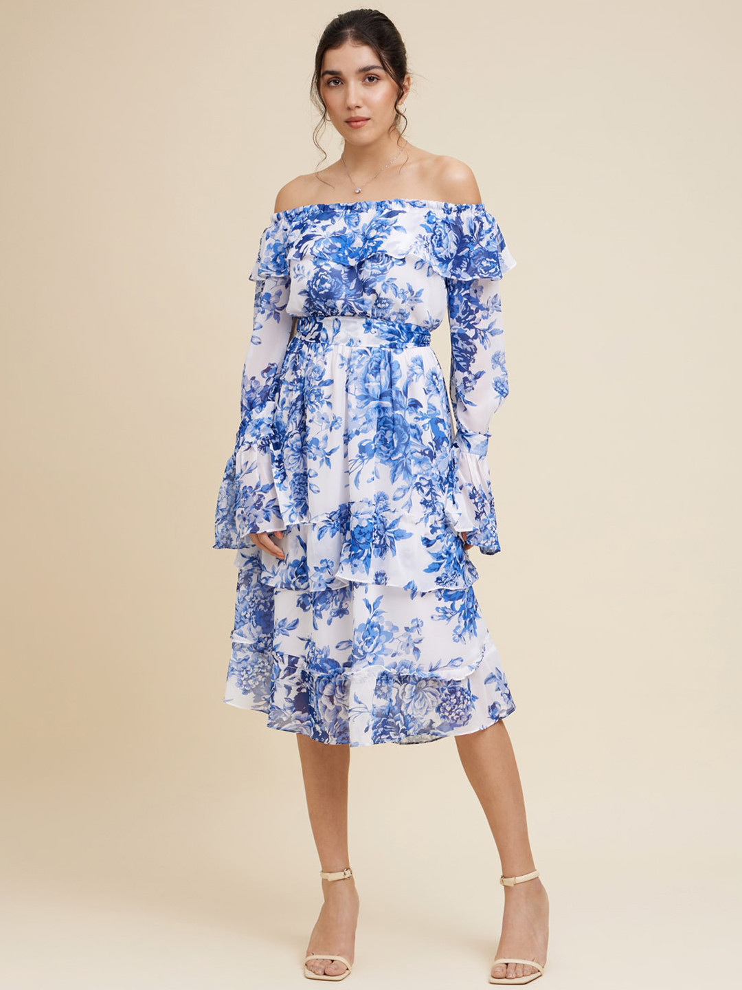 

Emmyrobe Floral Off-Shoulder Georgette Midi Dress, Blue