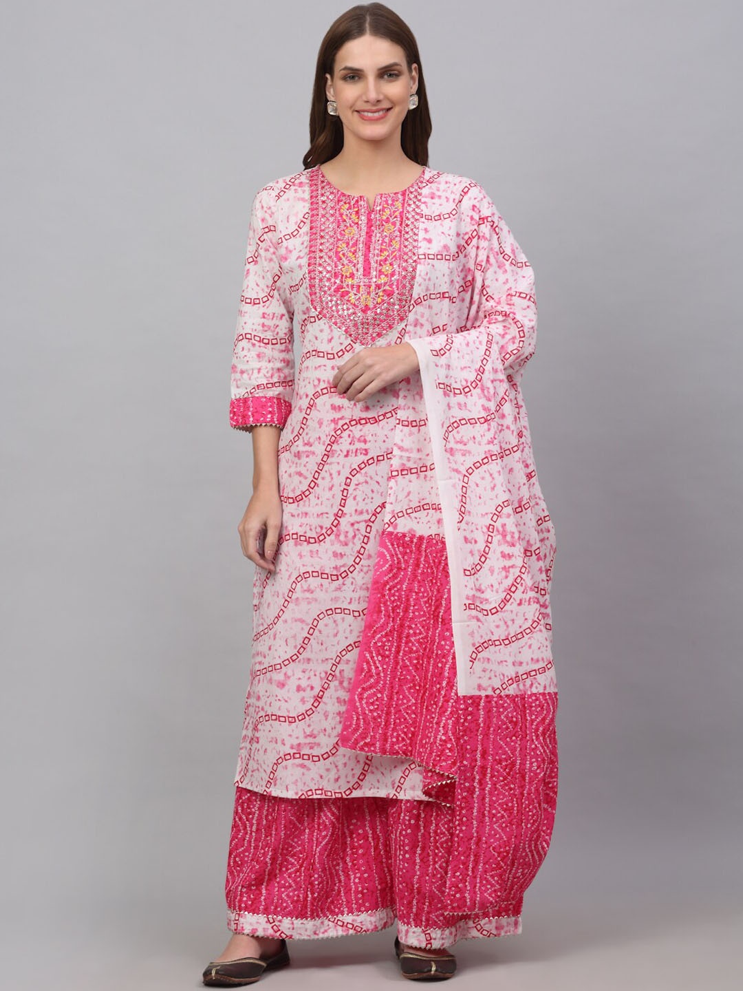 

Kamayra Women Bandhani Printed Notch Neck Kurta with Sharara & Dupatta, Off white