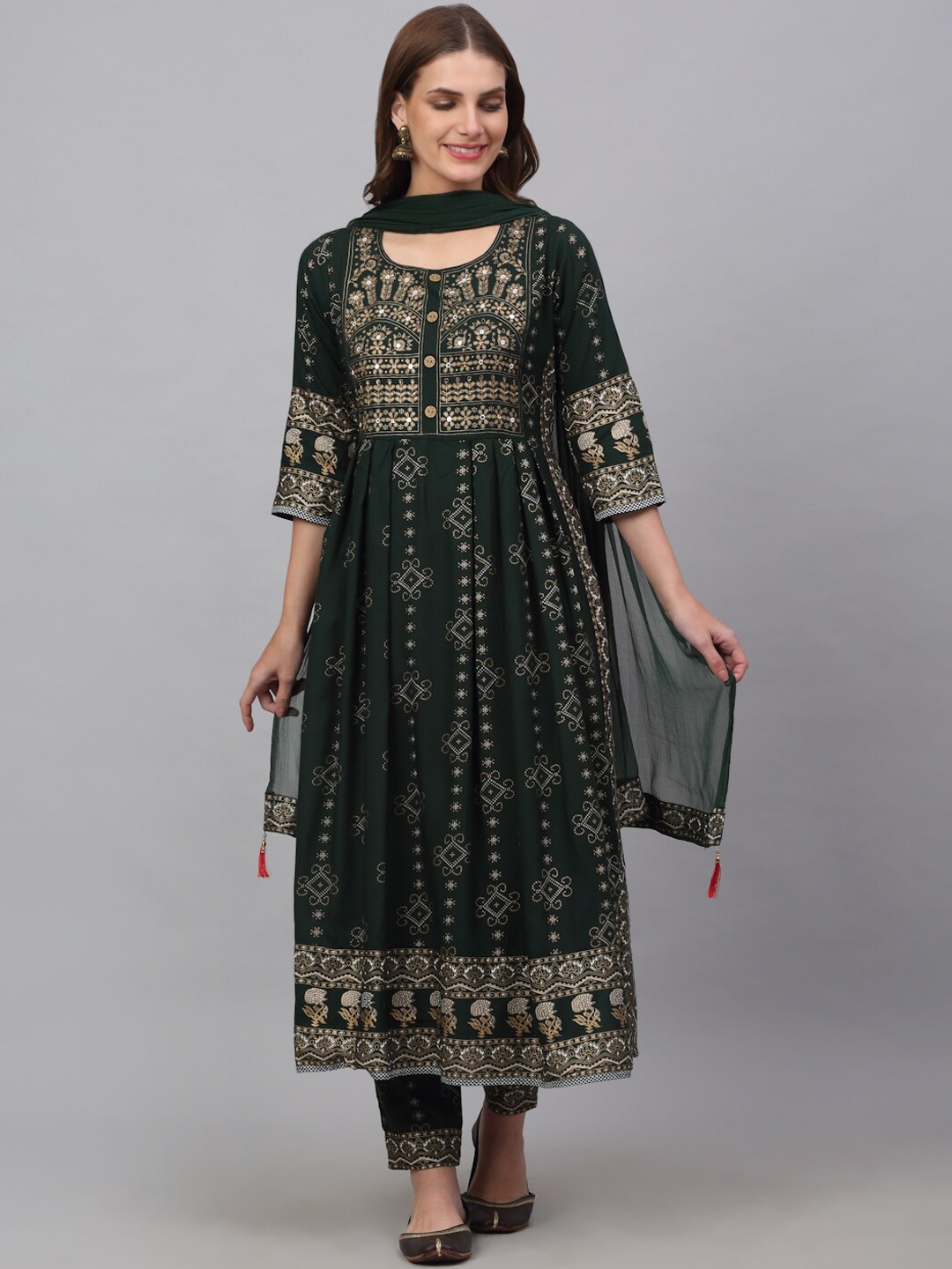 

Kamayra Women Ethnic Motifs Printed A-Line With Trousers & Dupatta, Green