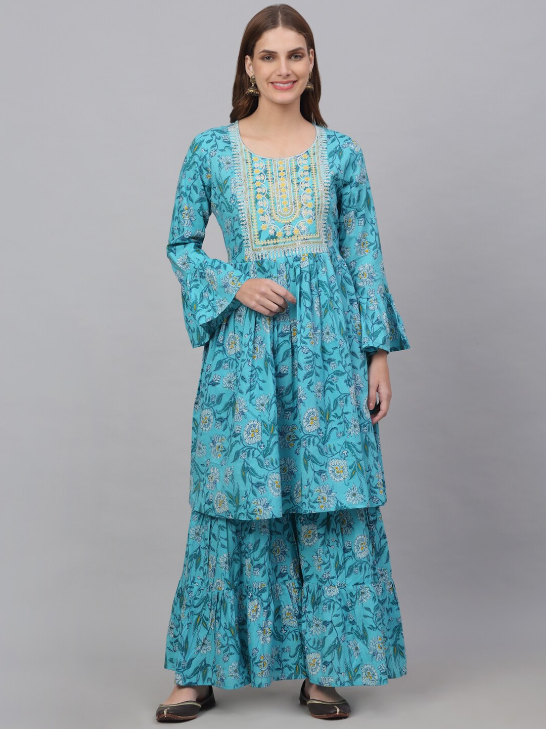 

Kamayra Women Floral Embroidered Yoke Design Pure Cotton Kurta with Sharara, Turquoise blue