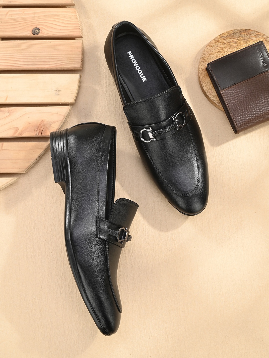 

Provogue Men Round Toe Formal Loafers With Buckle Detail, Black