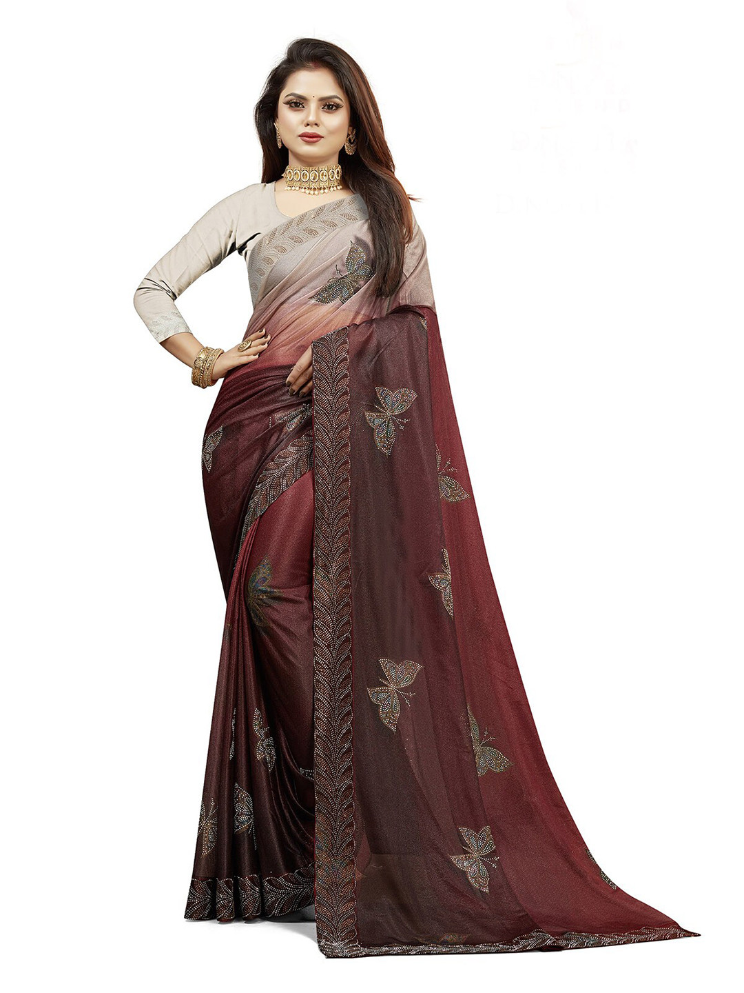 

ODETTE Embellished Sequinned Saree, Maroon