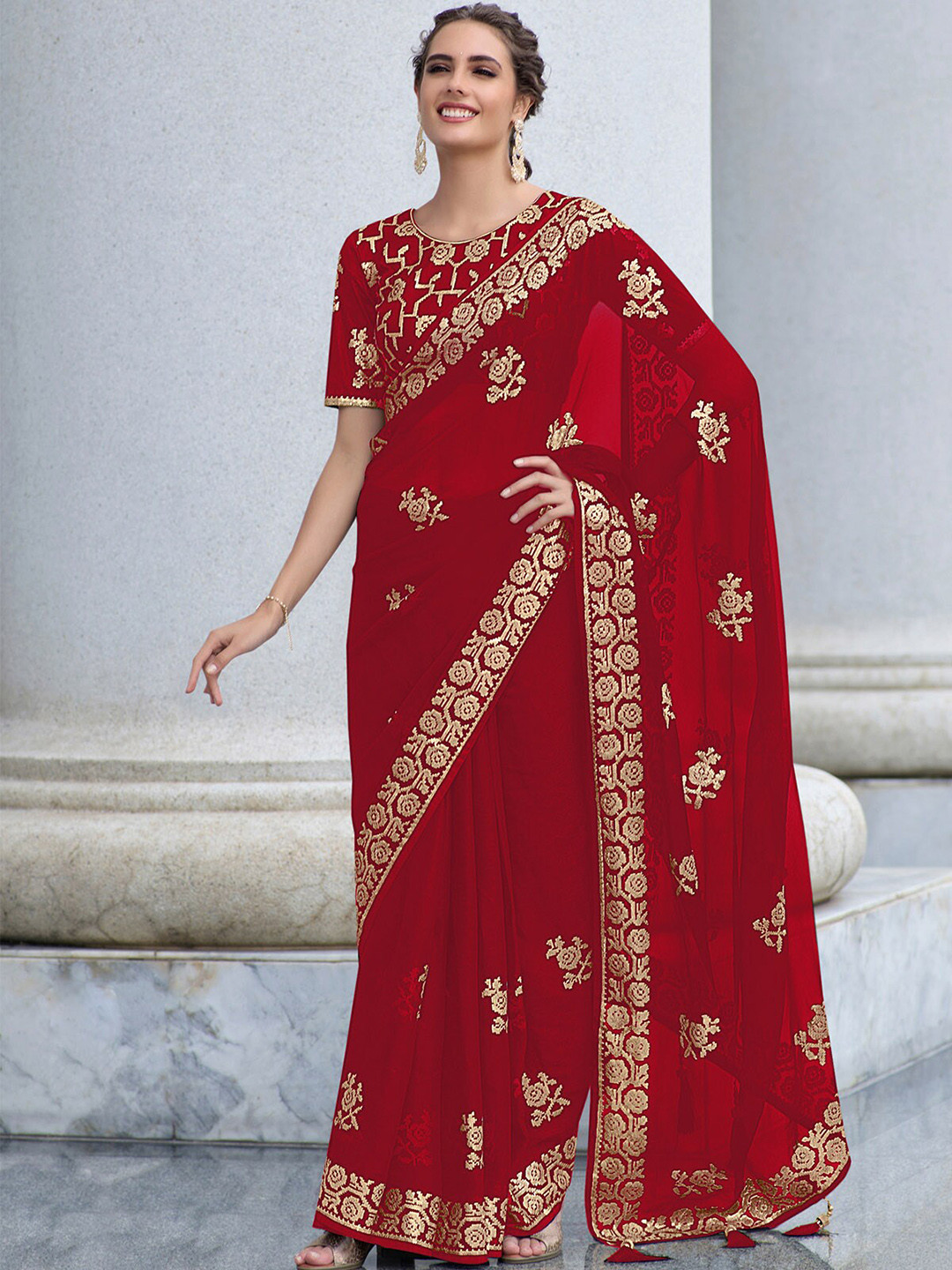 

ODETTE Floral Embroidered Sequinned Saree, Red