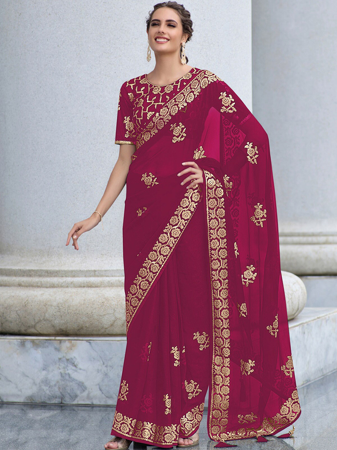 

ODETTE Floral Embroidered Saree, Pink