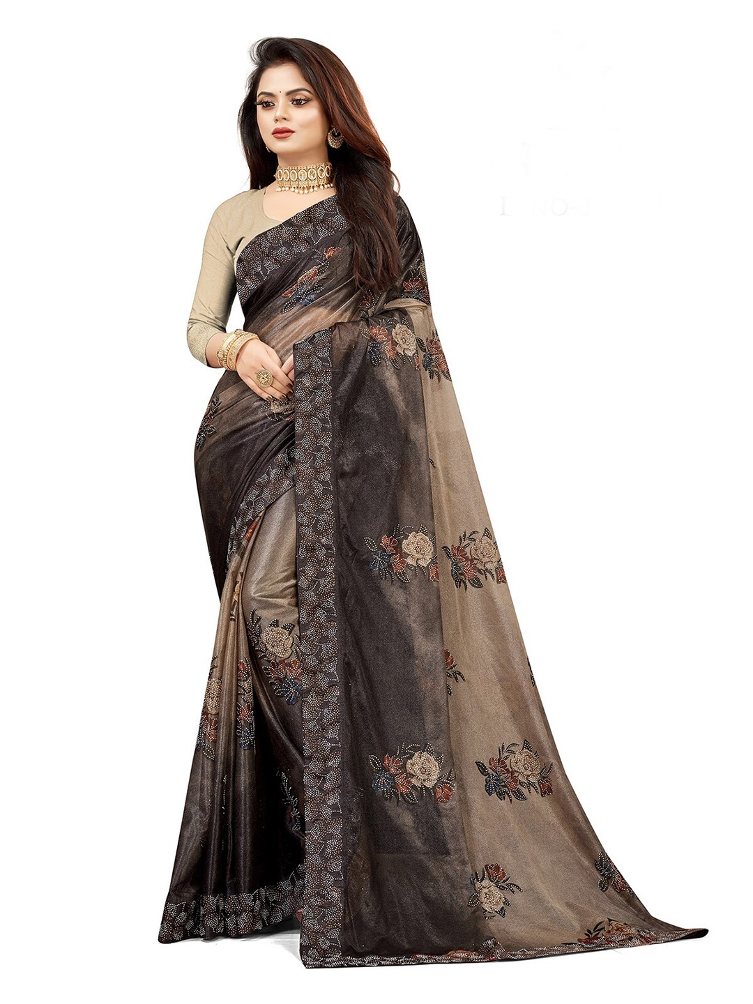 

ODETTE Embellished Saree, Black