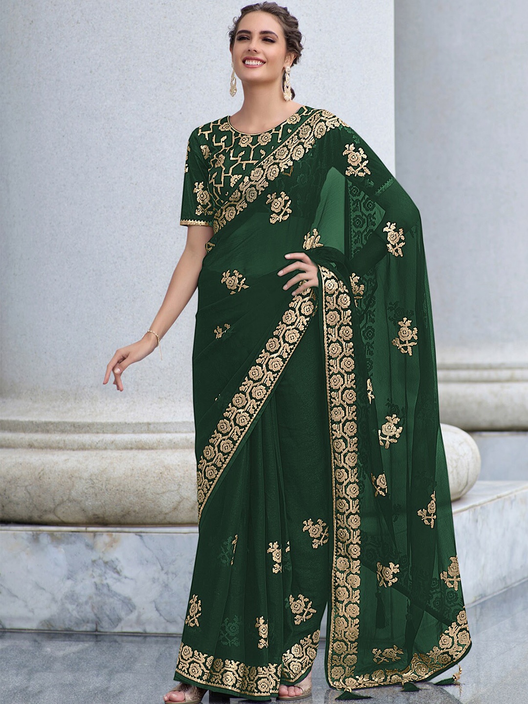 

ODETTE Floral Embroidered Saree, Green