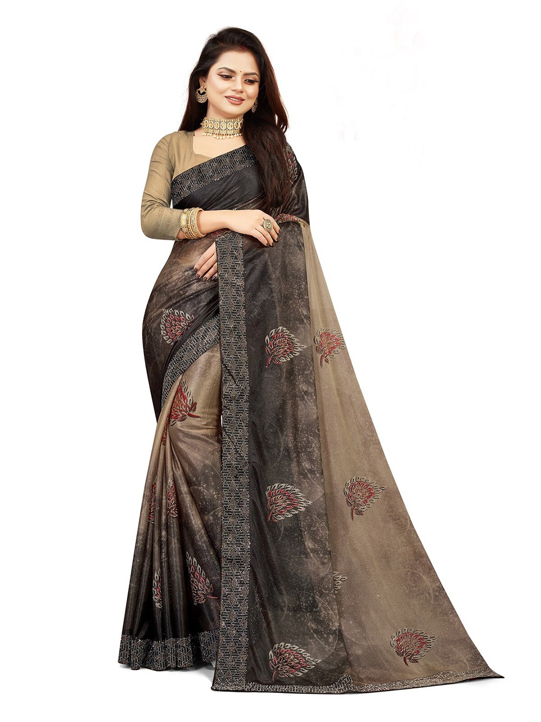

ODETTE Floral Beads and Stones Saree, Grey