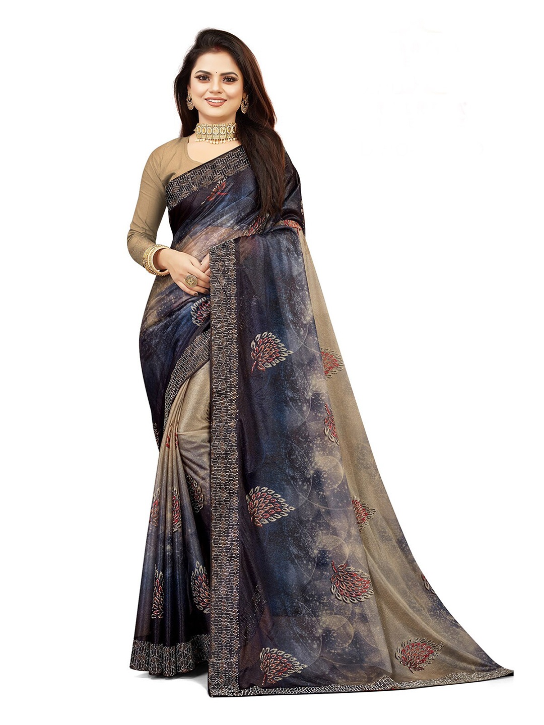 

ODETTE Floral Printed Beads And Stones Saree, Blue