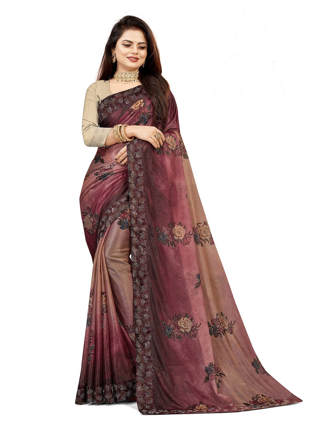 

ODETTE Floral Printed Beads And Stones Saree, Violet