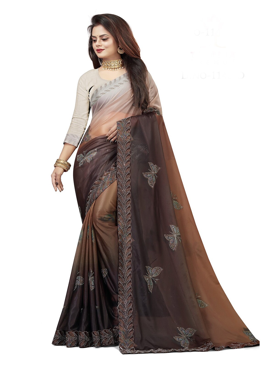 

ODETTE Embellished Beads And Stones Saree, Brown