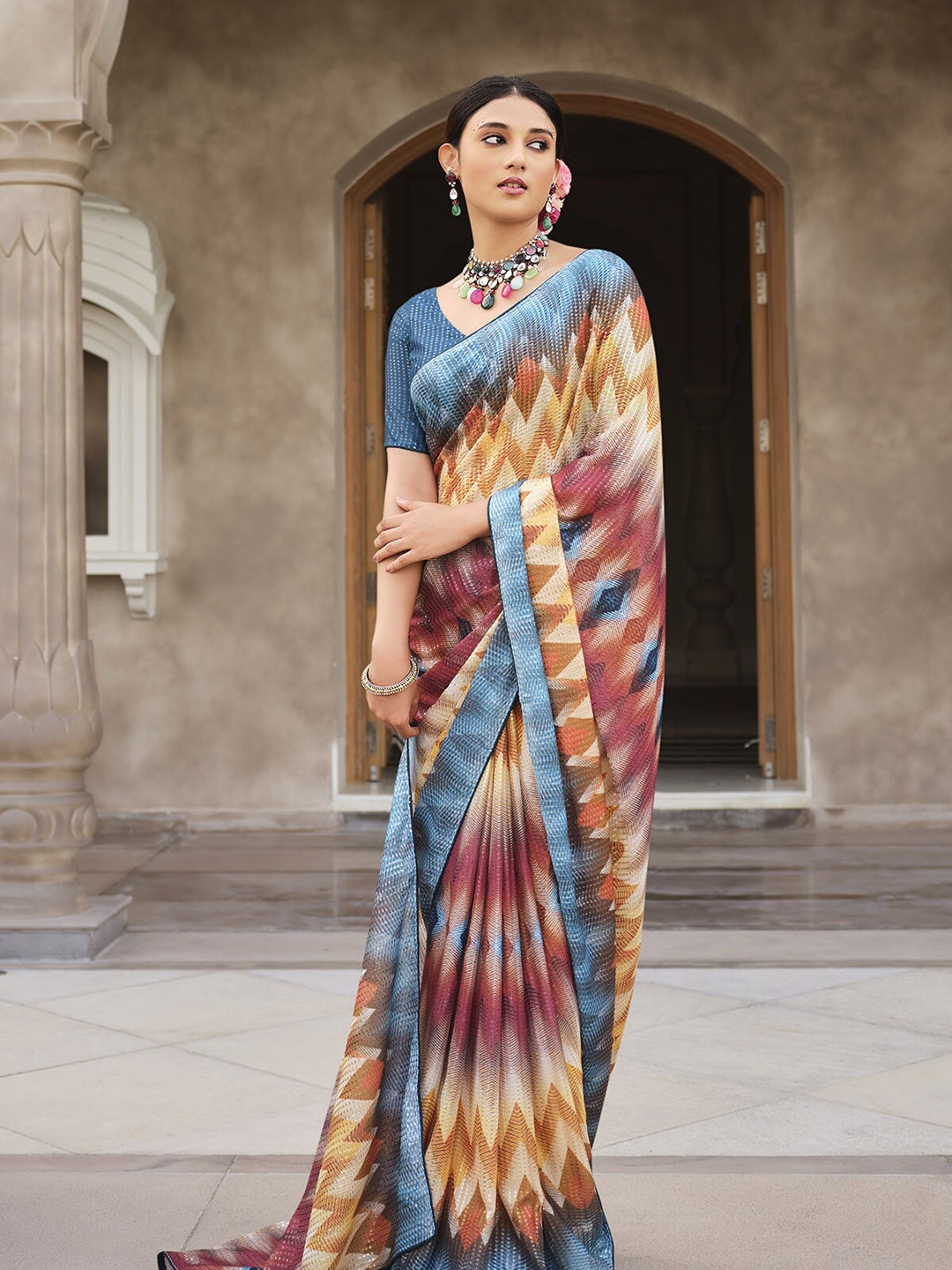 

ODETTE Printed Sequinned Saree, Blue
