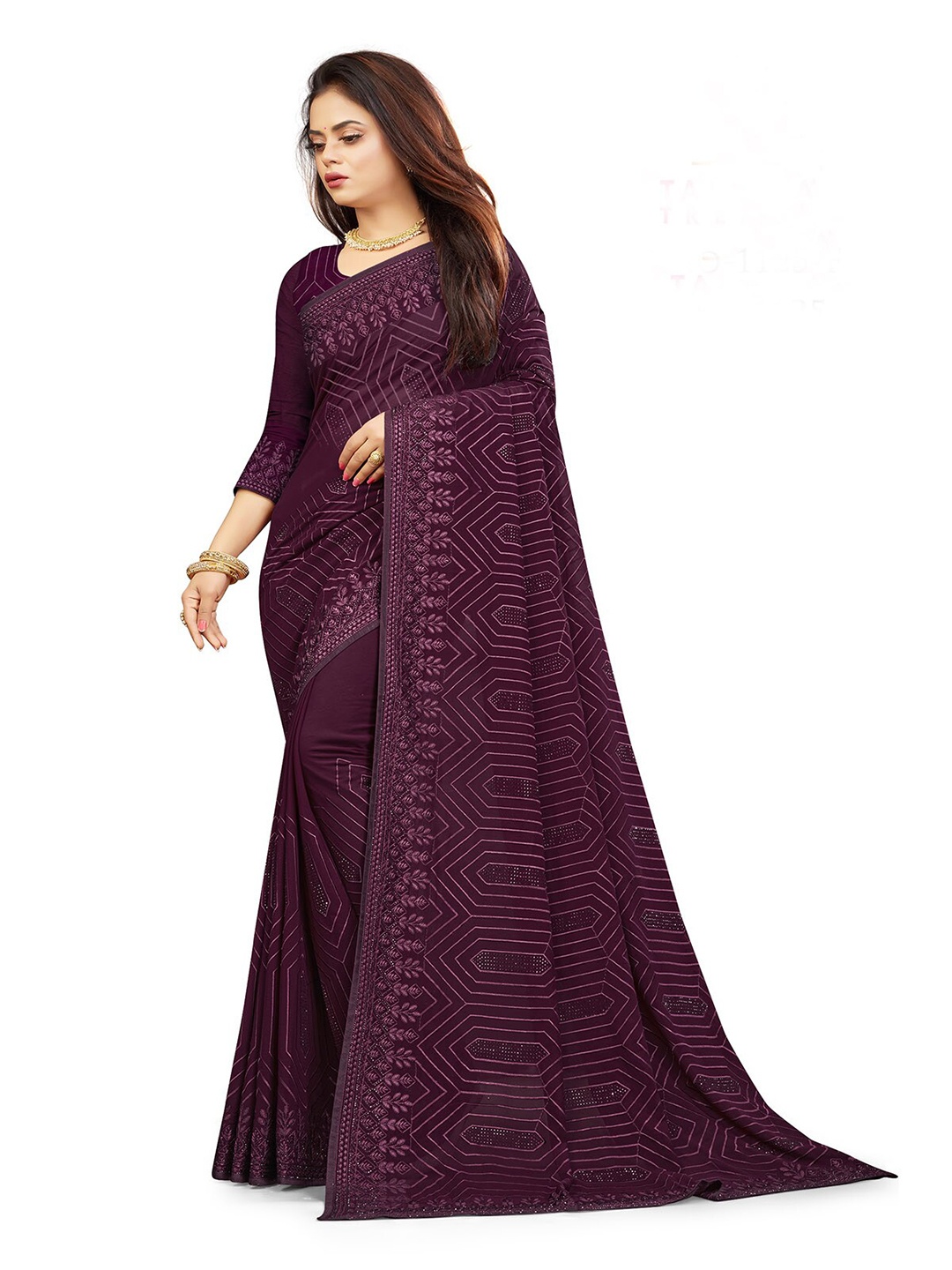 

ODETTE Floral Embroidered Saree, Purple