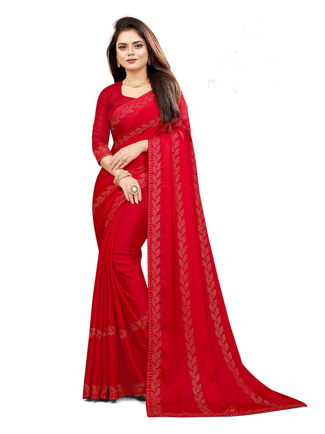 

ODETTE Embellished Beads And Stones Saree, Red