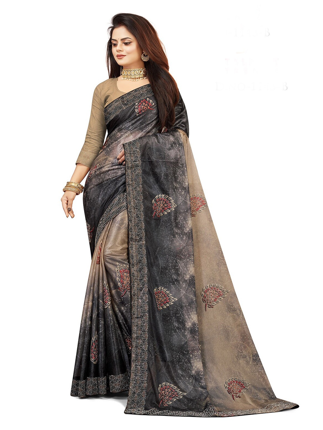 

ODETTE Floral Printed Beads and Stones Saree, Grey