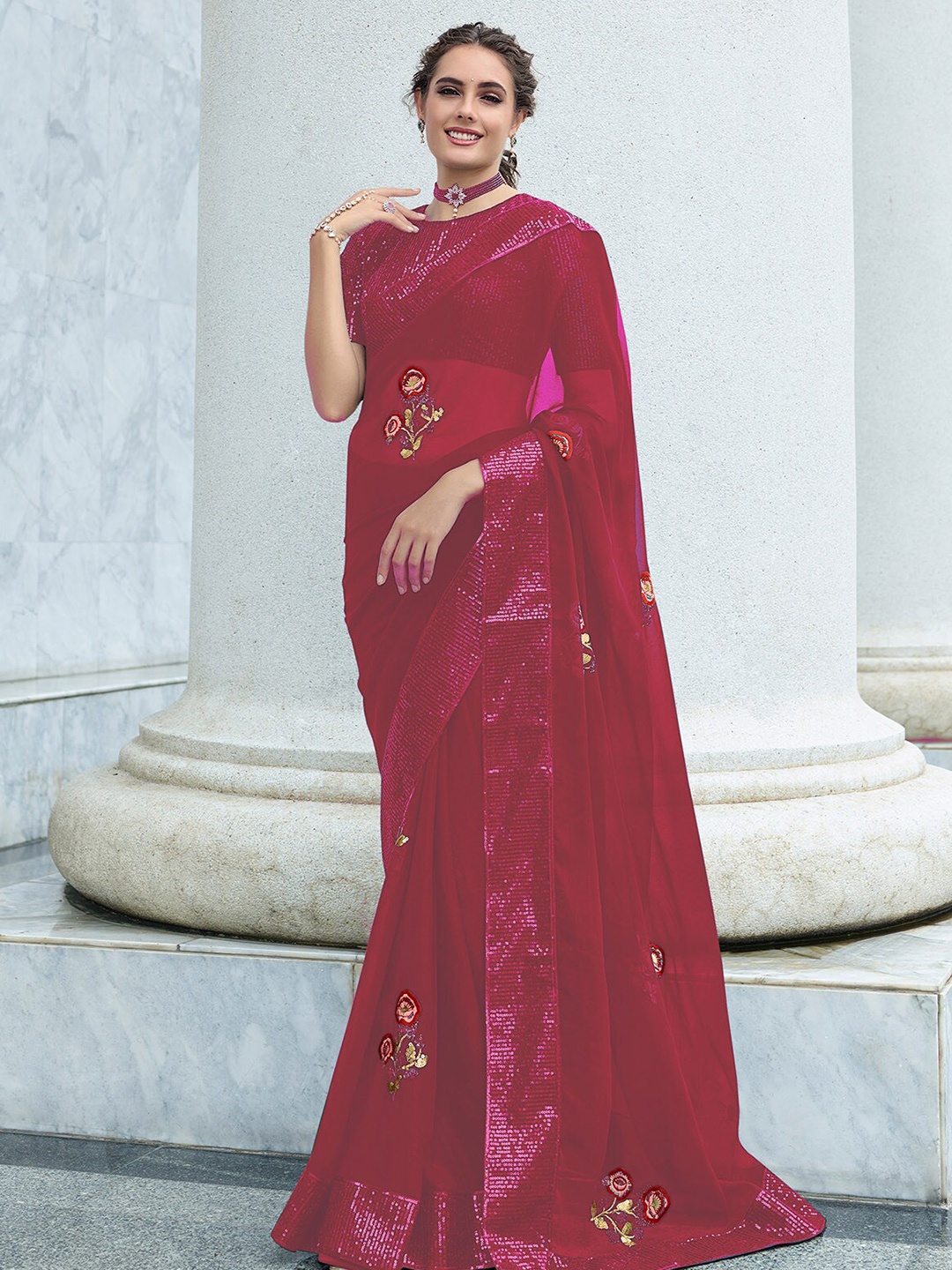 

ODETTE Floral Embroidery Sequinned Saree, Pink