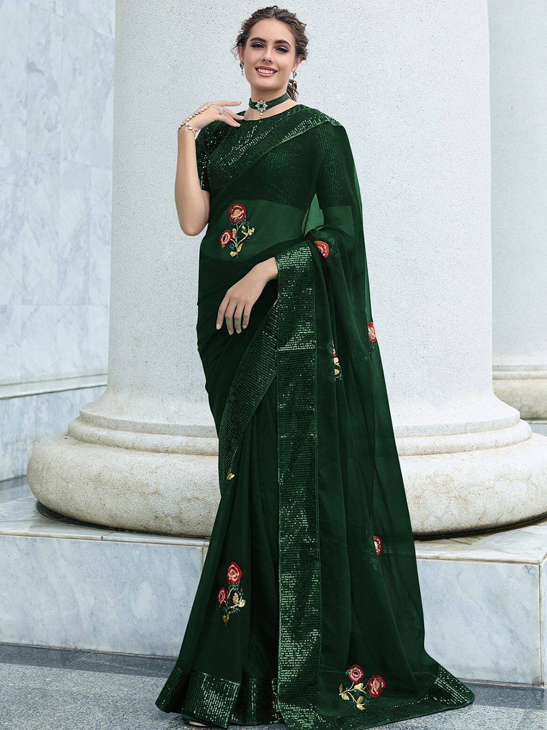 

ODETTE Floral Embroidered Sequinned Saree, Green