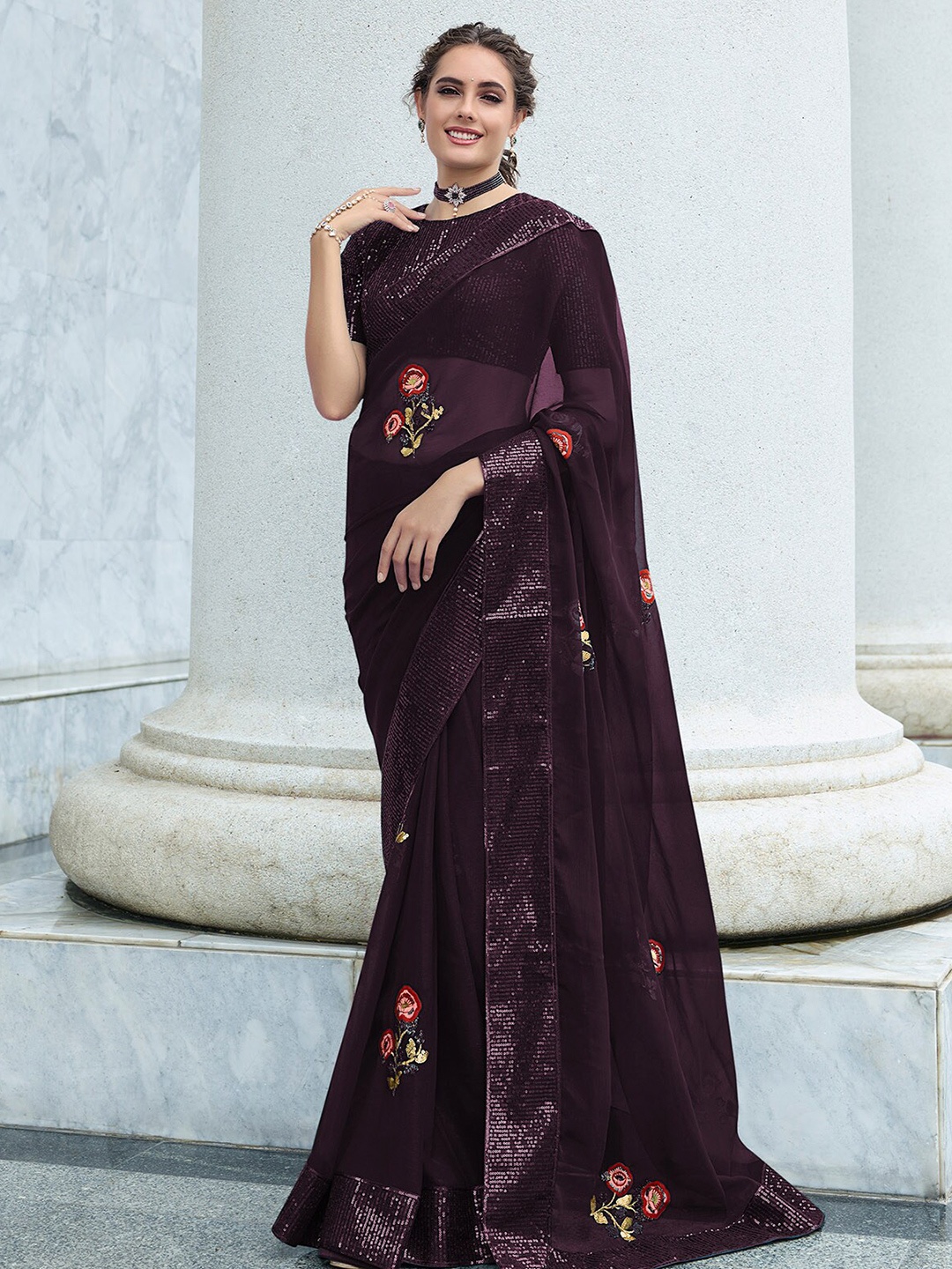 

ODETTE Floral Embroidered Sequinned Saree, Violet