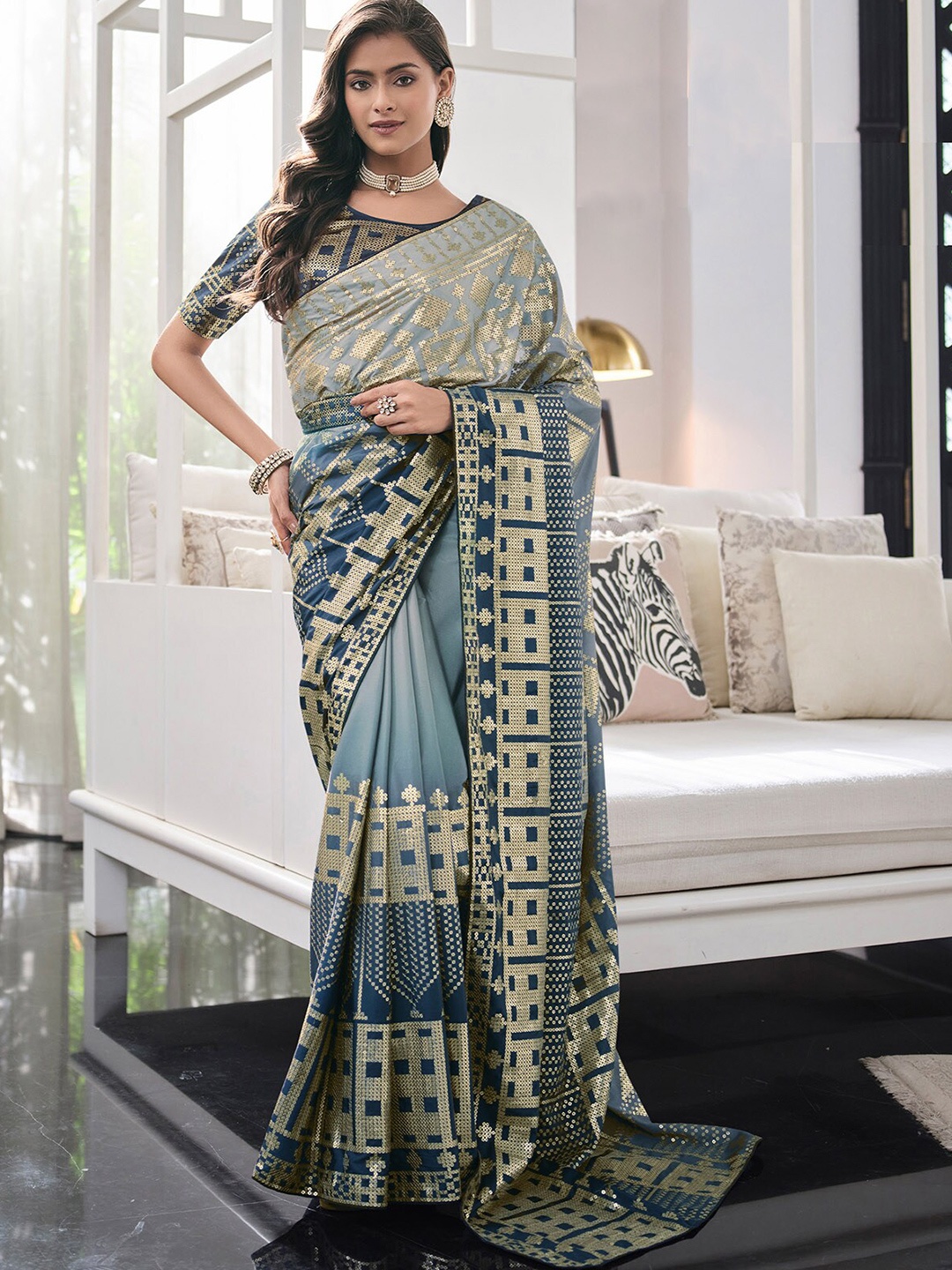 

ODETTE Geometric Embroidered Sequinned Saree, Blue