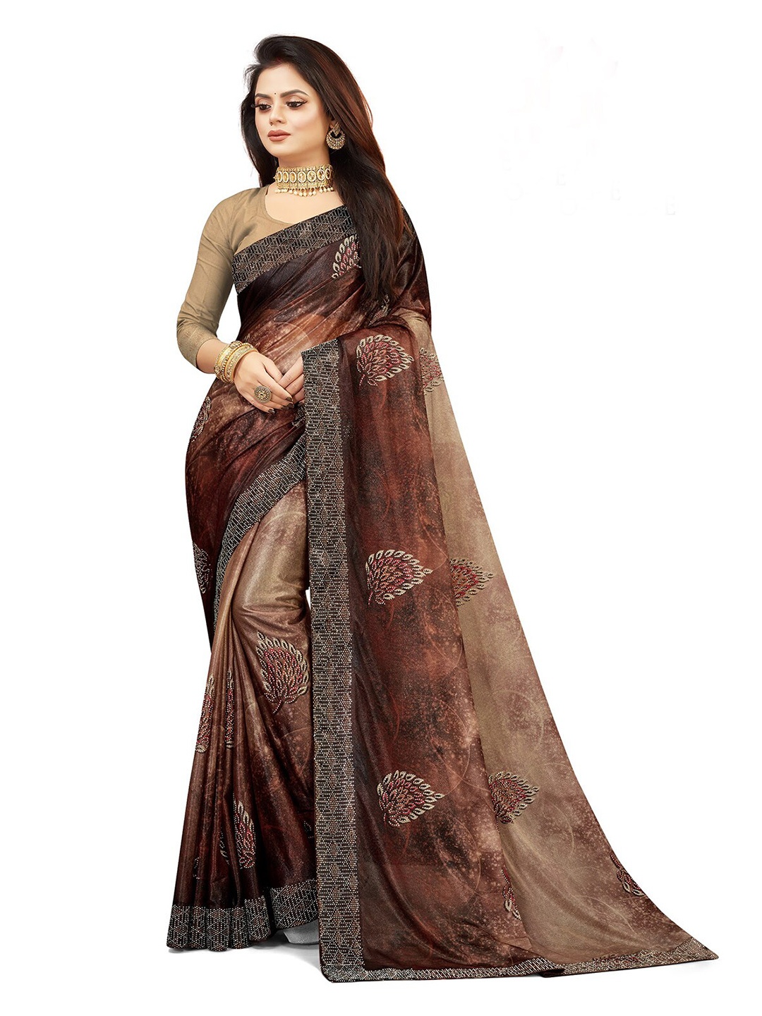 

ODETTE Floral Beads and Stones Saree With Blouse Piece, Brown