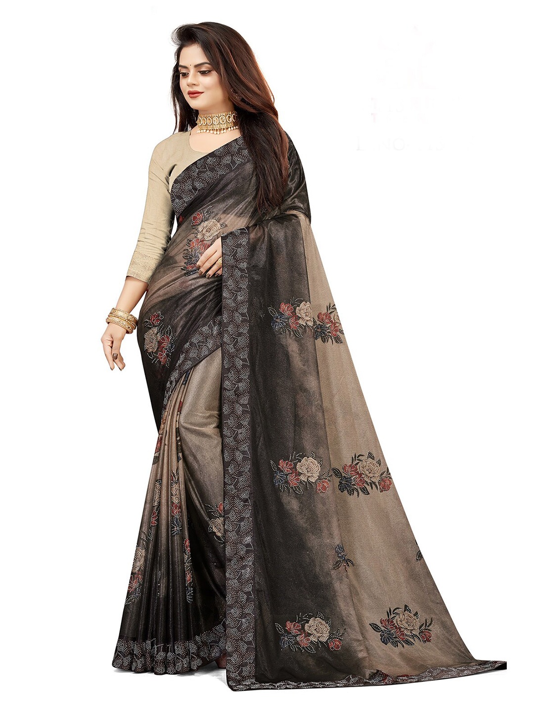 

ODETTE Floral Beads and Stones Saree, Grey
