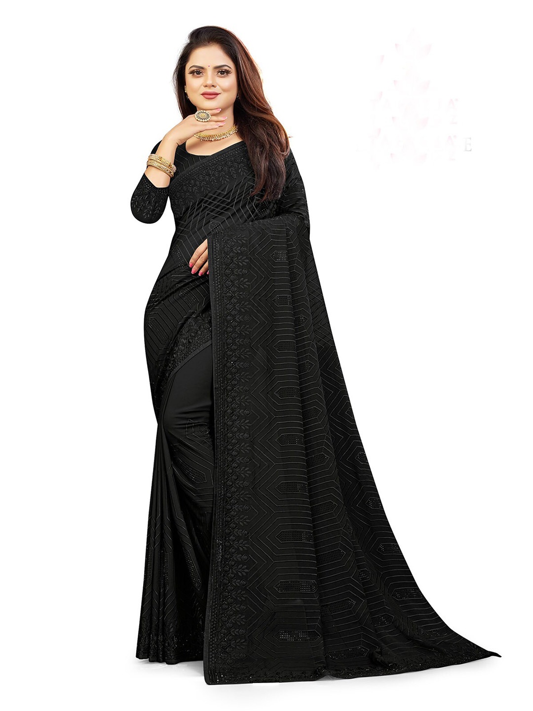 

ODETTE Embroidered Saree, Black