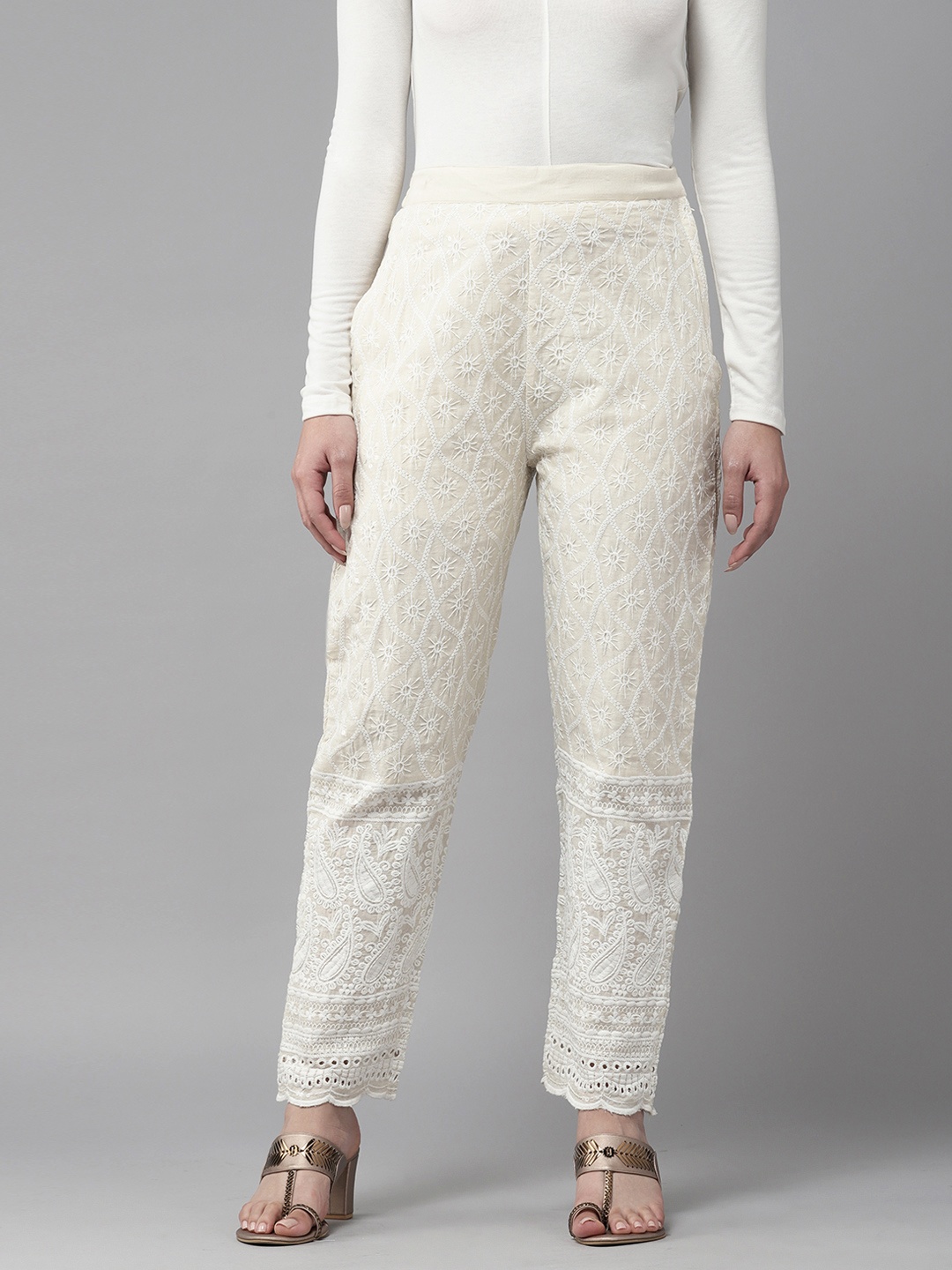 

Aarika Women Ethnic Motifs Embroidered Pure Cotton Trousers, Cream