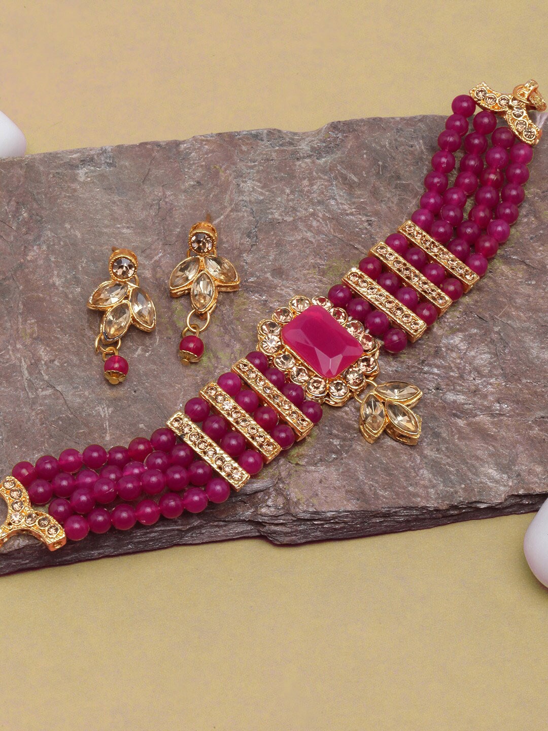 

Anouk Gold-Plated Stones Studded & Beaded Jewellery Set, Pink