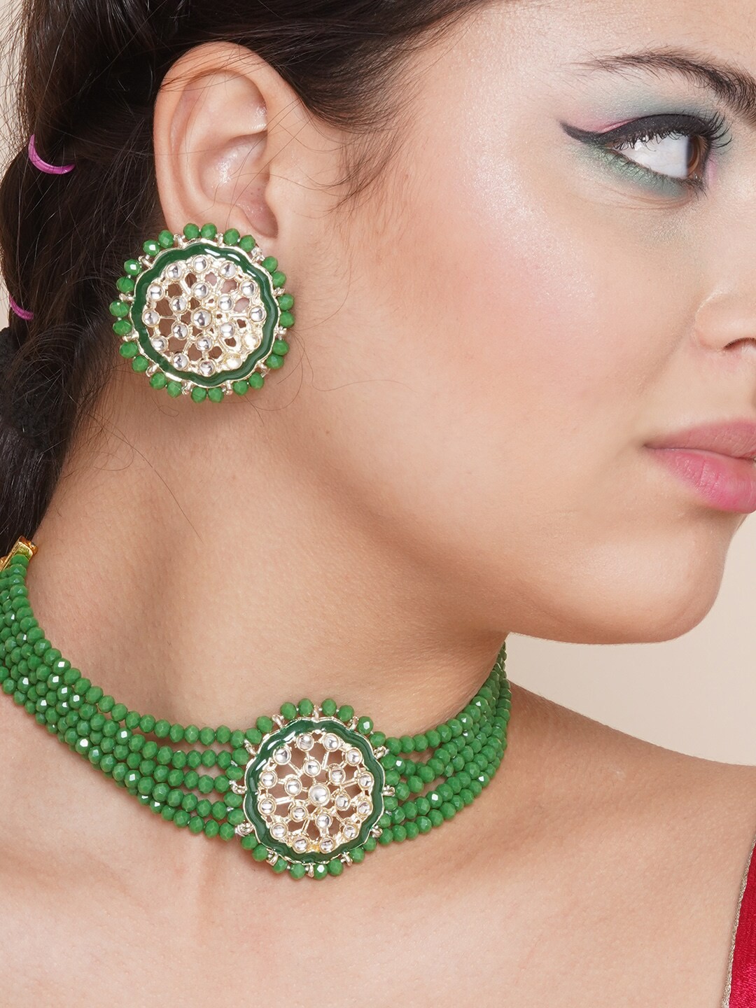 

Anouk Gold-Plated Kundan-Studded & Beaded Jewellery Set, Green