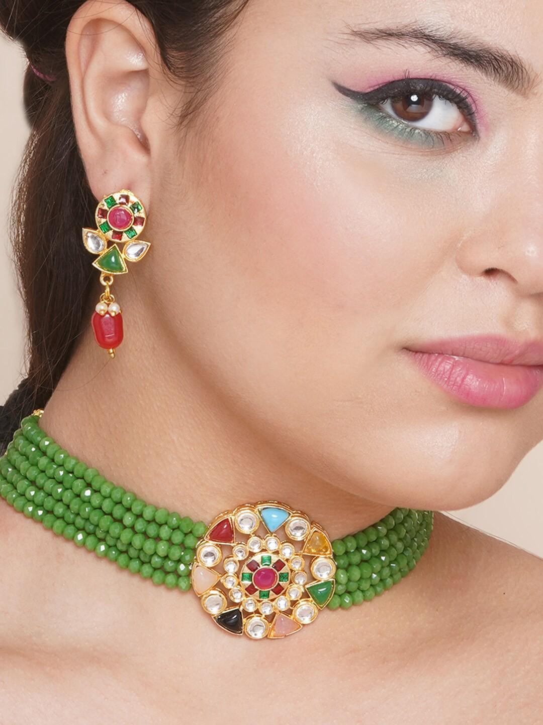 

Anouk Gold-Plated Stone Studded & Beaded Enamelled Jewellery Set, Green